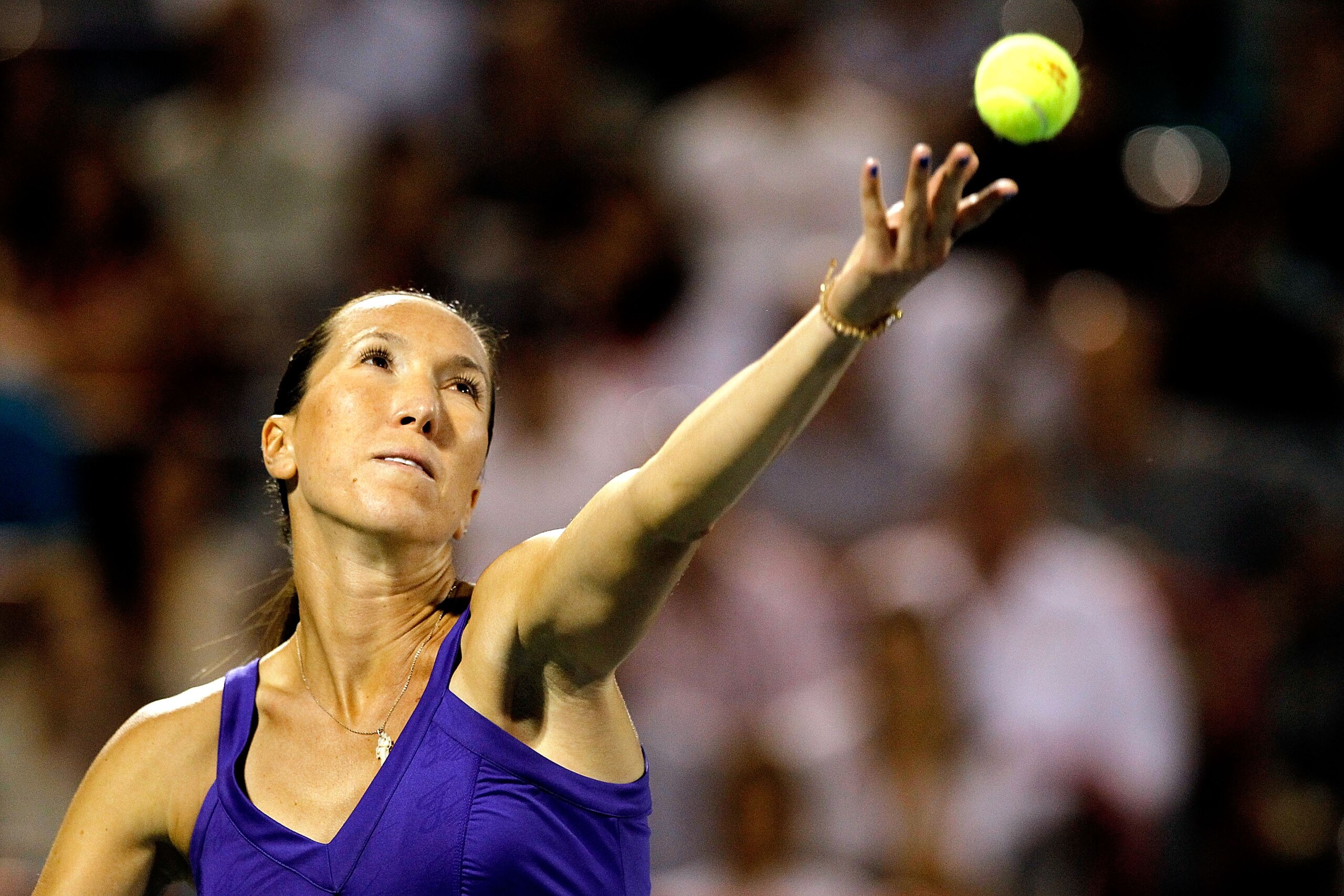 MONTREAL, QC - AUGUST 17:  Jelena Jankovic of Serbia serves to Iveta Benesova of the Czech Republic during the Rogers Cup at Stade Uniprix on August 17, 2010 in Montreal, Canada.  (Photo by Matthew Stockman/Getty Images)