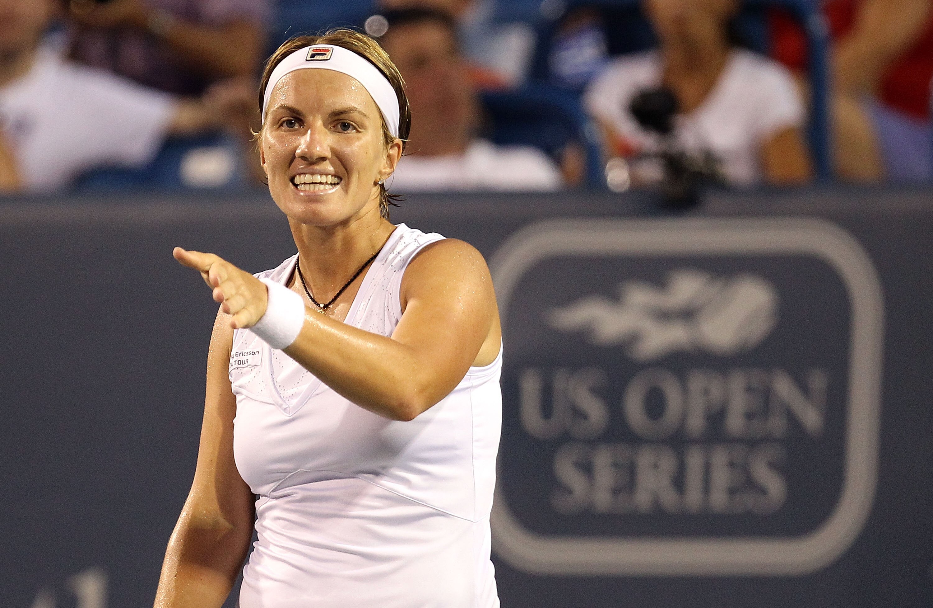 CINCINNATI - AUGUST 10:  Svetlana Kuznetsova of Russia reacts to a point against Maria Sharapova of Russia during day two of the Western & Southern Financial Group Women's Open on August 10, 2010 at the Lindner Family Tennis Center in Cincinnati, Ohio.  (