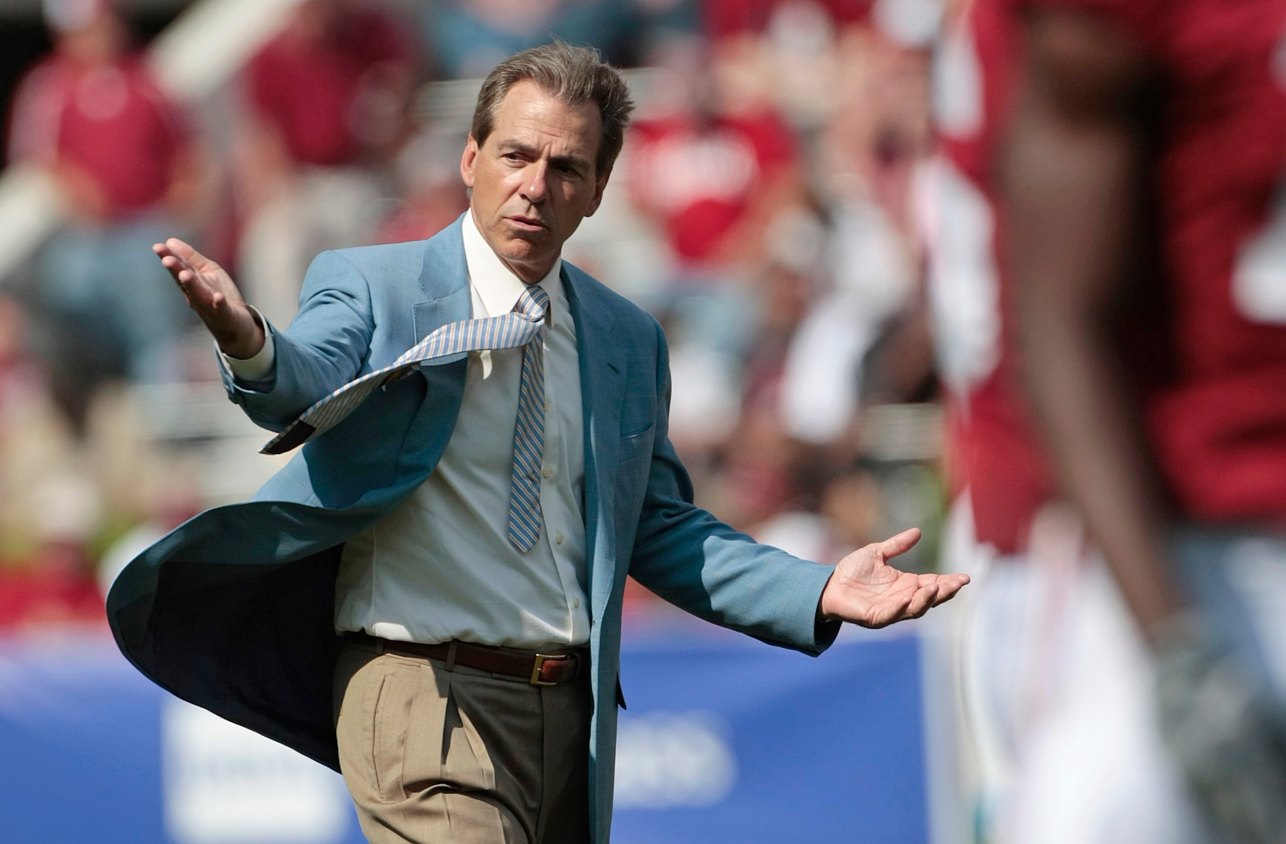 TUSCALOOSA, AL - APRIL 17: Coach Nick Saban of the Alabama Crimson Tide reacts during the Alabama spring game at Bryant Denny Stadium on April 17, 2010 in Tuscaloosa, Alabama. (Photo by Dave Martin/Getty Images)