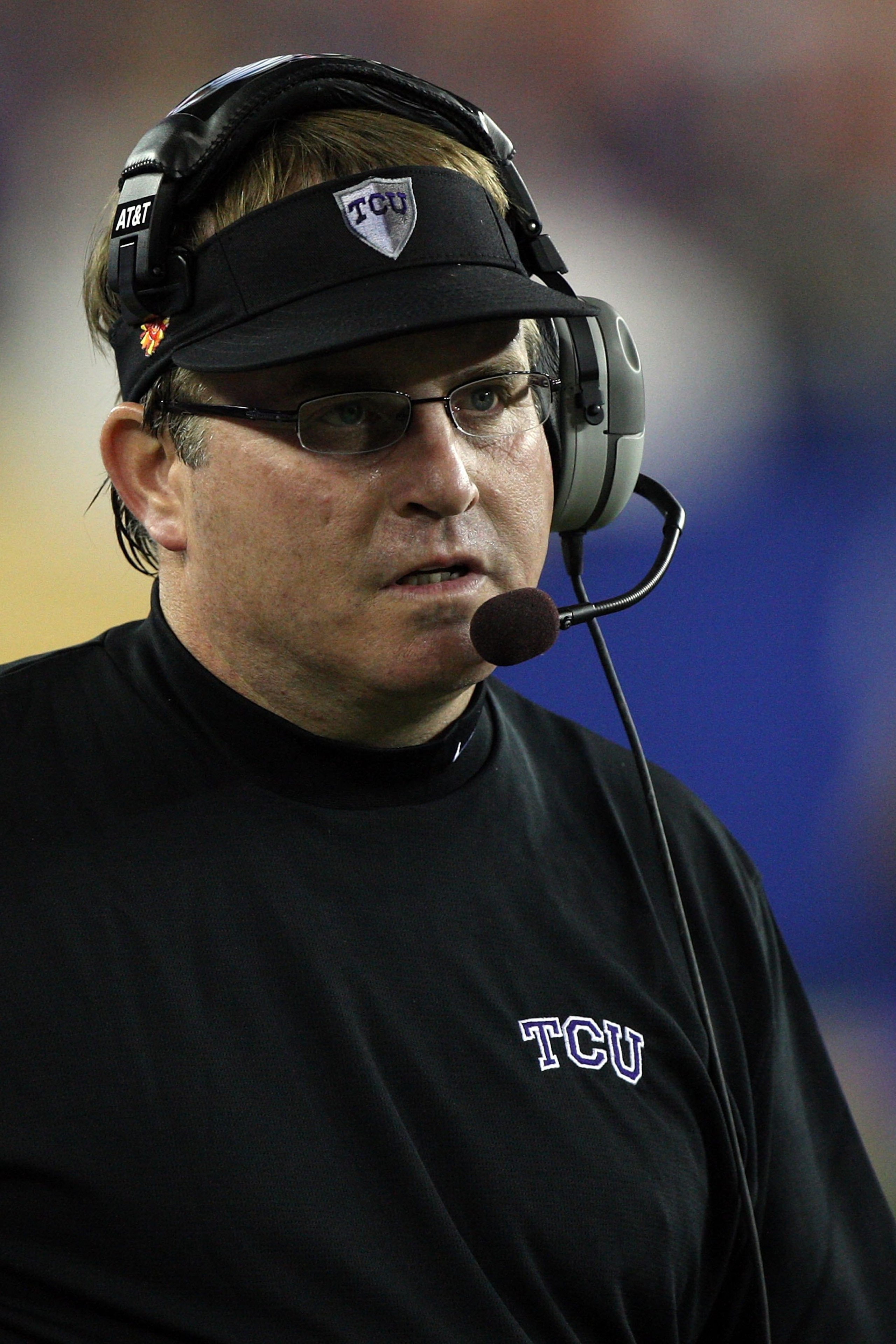 GLENDALE, AZ - JANUARY 04:  Head coach Gary Patterson of the TCU Horned Frogs looks on against the Boise State Broncos during the Tostitos Fiesta Bowl at the Universtity of Phoenix Stadium on January 4, 2010 in Glendale, Arizona.  (Photo by Jed Jacobsohn/