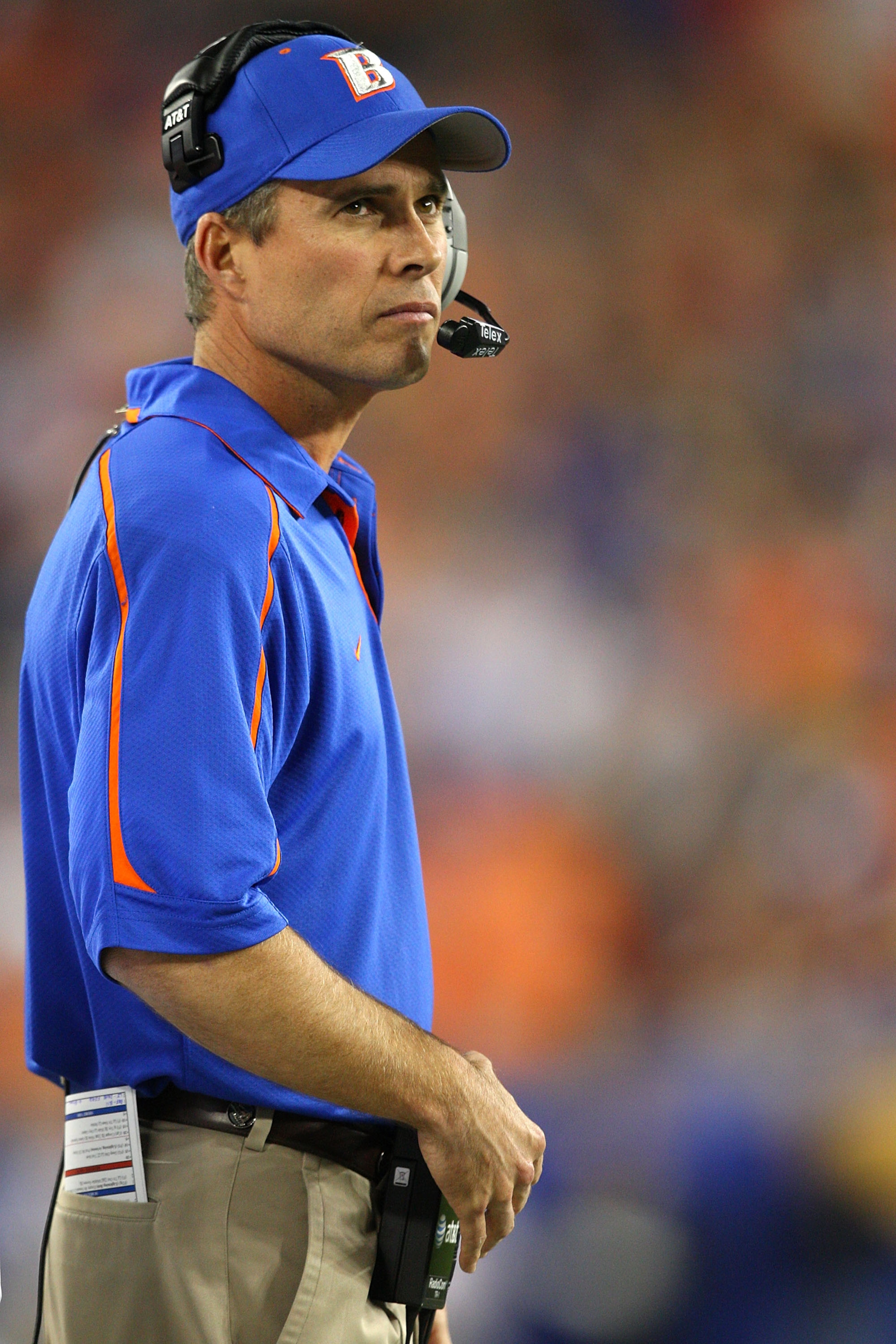 GLENDALE, AZ - JANUARY 04: Head coach Chris Petersen of the Boise State Broncos looks on in the first half against the TCU Horned Frogs during the Tostitos Fiesta Bowl at the Universtity of Phoenix Stadium on January 4, 2010 in Glendale, Arizona. (Photo GLENDALE, AZ - JANUARY 04: Head coach Chris Petersen of the Boise State Broncos looks on in the first half against the TCU Horned Frogs during the Tostitos Fiesta Bowl at the Universtity of Phoenix Stadium on January 4, 2010 in Glendale, Arizona. (Photo