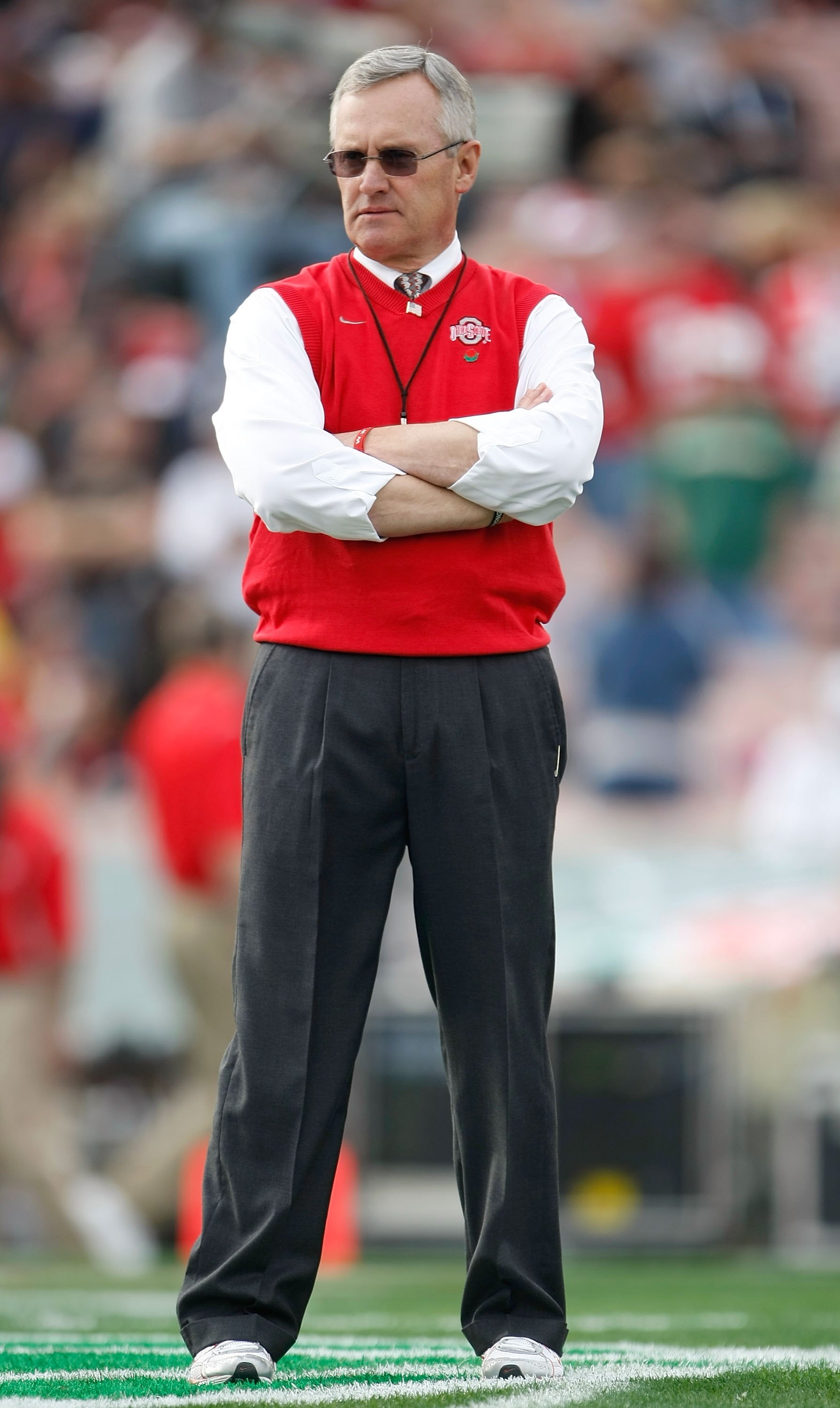 PASADENA, CA - JANUARY 01:  Head coach Jim Tressel of the Ohio State Buckeyes is seen during the 96th Rose Bowl game against the Oregon Ducks on January 1, 2010 in Pasadena, California.  (Photo by Jeff Gross/Getty Images)