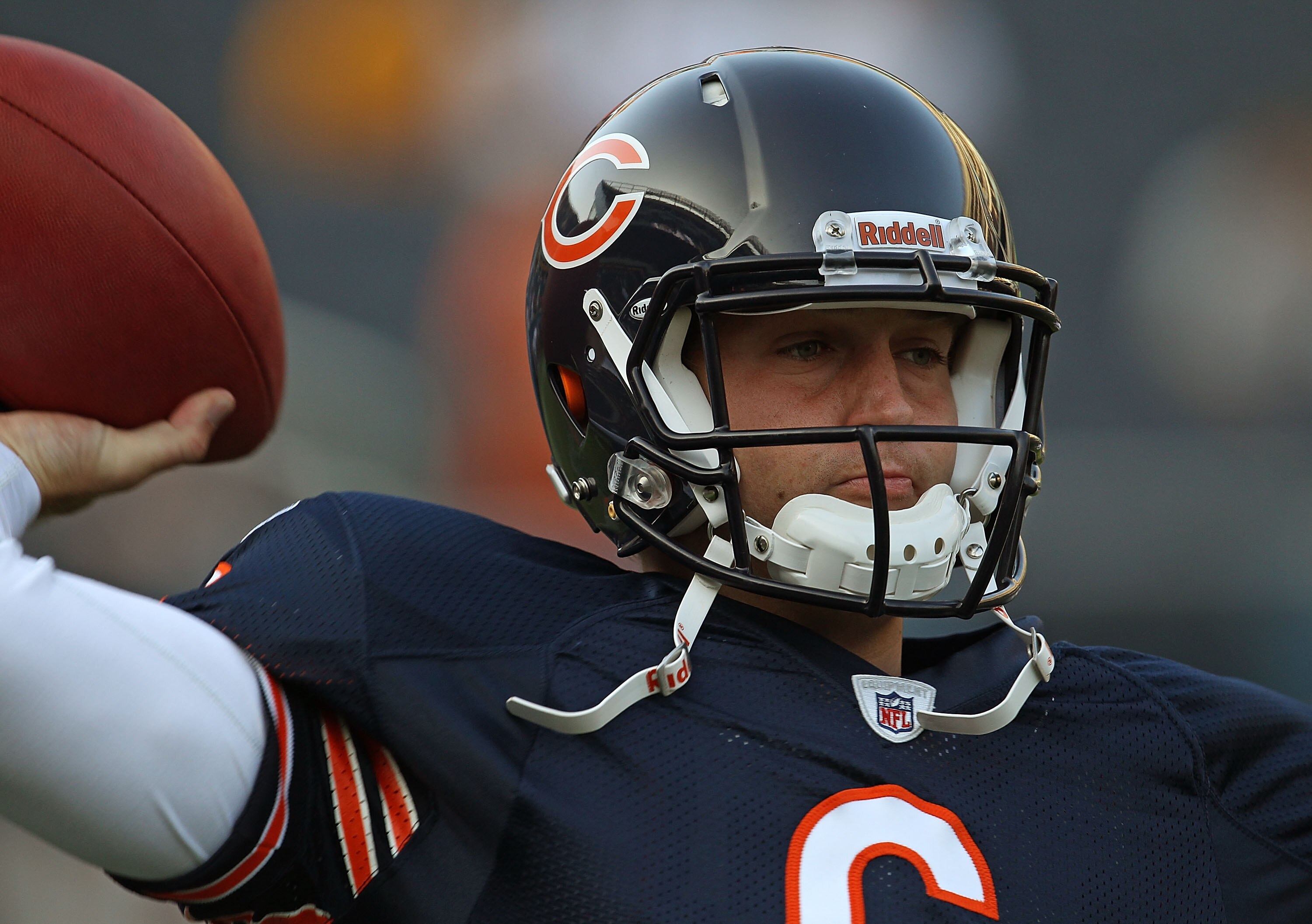 CHICAGO - AUGUST 21: Jay Cutler #6 of the Chicago Bears warms-up before a preseason game against the Oakland Raiders at Soldier Field on August 21, 2010 in Chicago, Illinois. The Raiders defeated the Bears 32-17. (Photo by Jonathan Daniel/Getty Images)