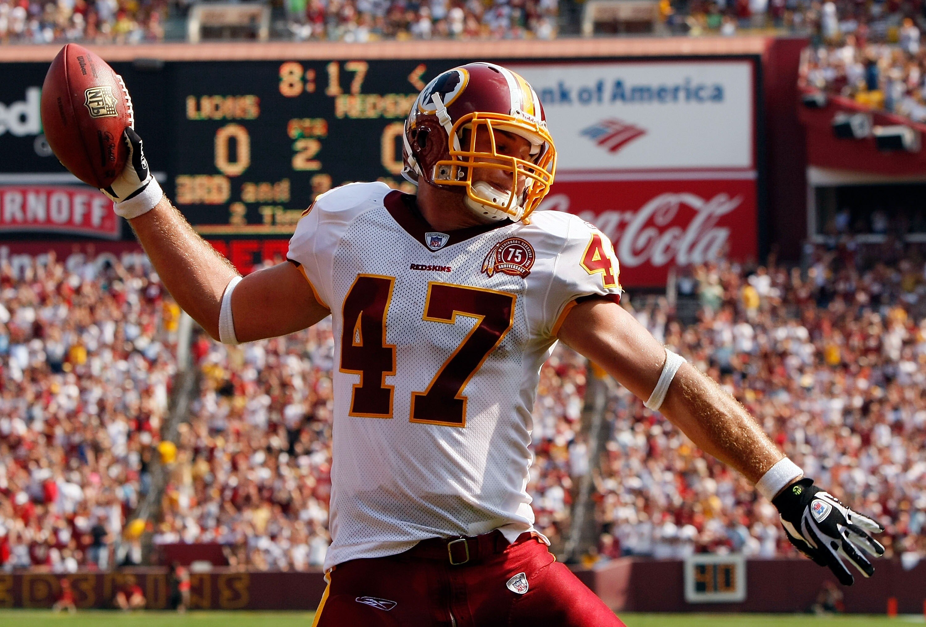 LANDOVER, MD - OCTOBER 07:  Tight end Chris Cooley #47 of the Washington Redskins celebrates after scoring a touchdown in second quarter action against the Detroit Lions at FedEx Field October 7, 2007 in Landover, Maryland.  (Photo by Win McNamee/Getty Im