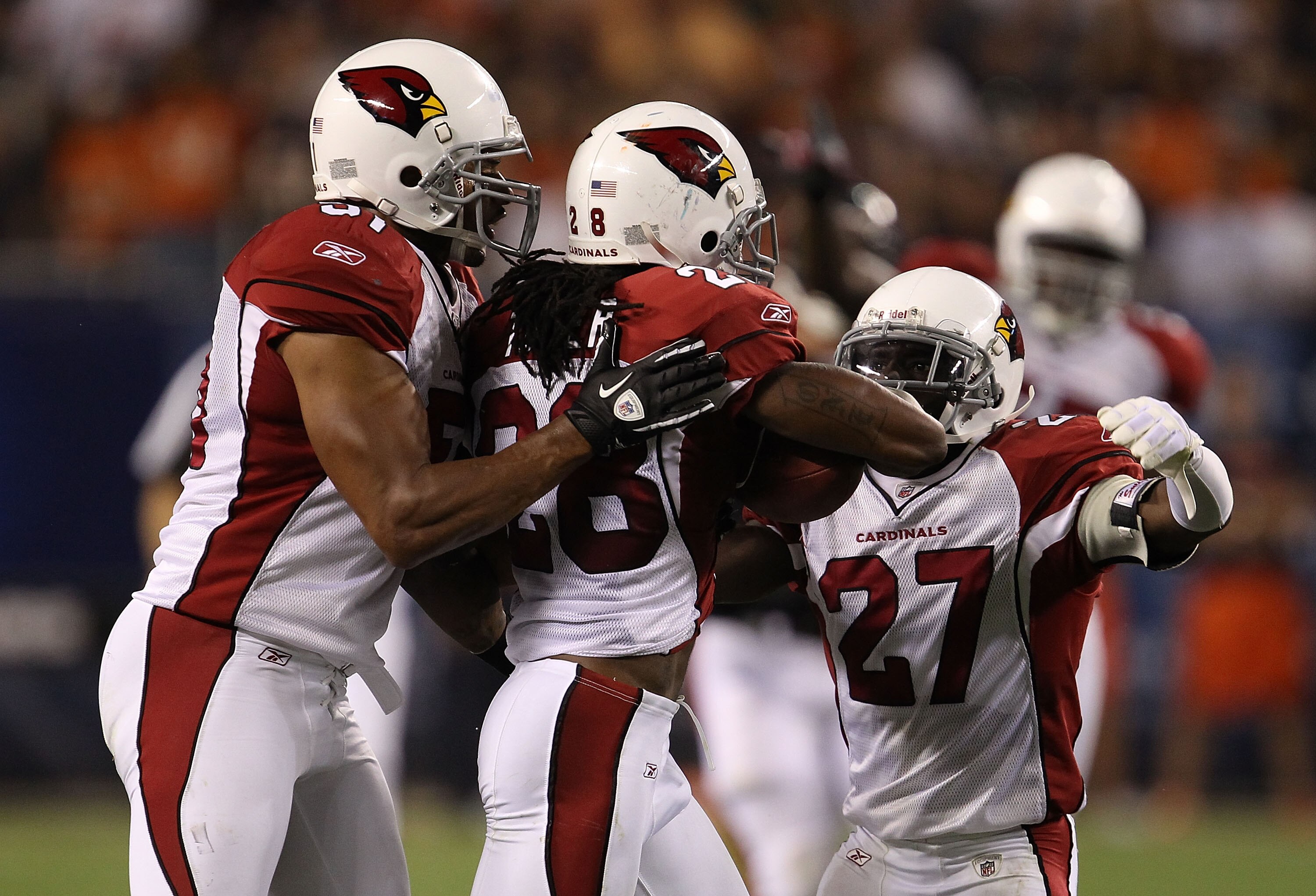 CHICAGO - AUGUST 28: Paris Lenon #51 (L) and Michael Adams #27 of the Arizona Cardinals celebrate a interception by teammate Greg Toler #28 against the Chicago Bears during a preseason game at Soldier Field on August 28, 2010 in Chicago, Illinois. (Photo 