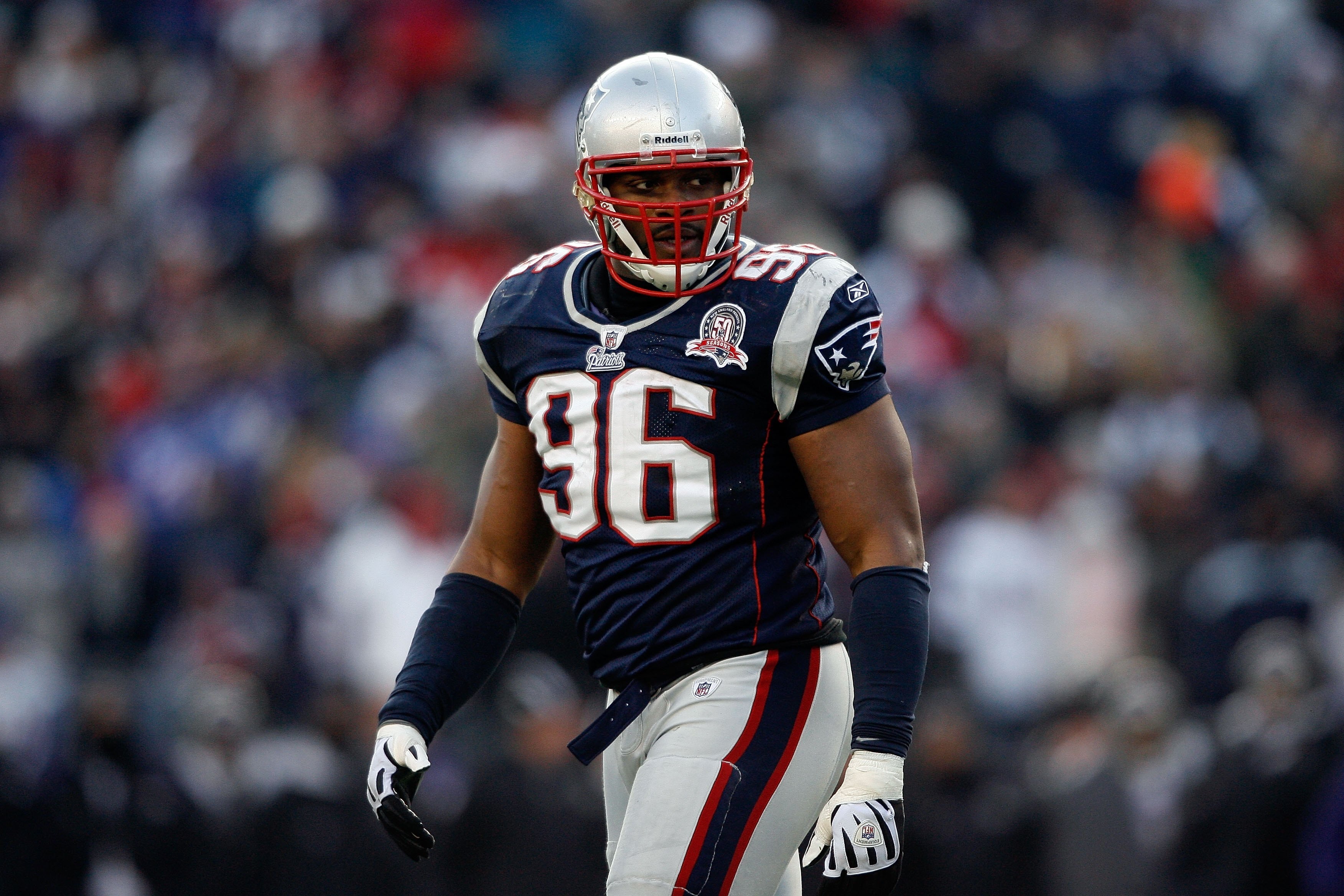 FOXBORO, MA - JANUARY 10:  Adalius Thomas #96 of the New England Patriots looks on against the Baltimore Ravens during the 2010 AFC wild-card playoff game at Gillette Stadium on January 10, 2010 in Foxboro, Massachusetts. The Ravens won 33-14. (Photo by E