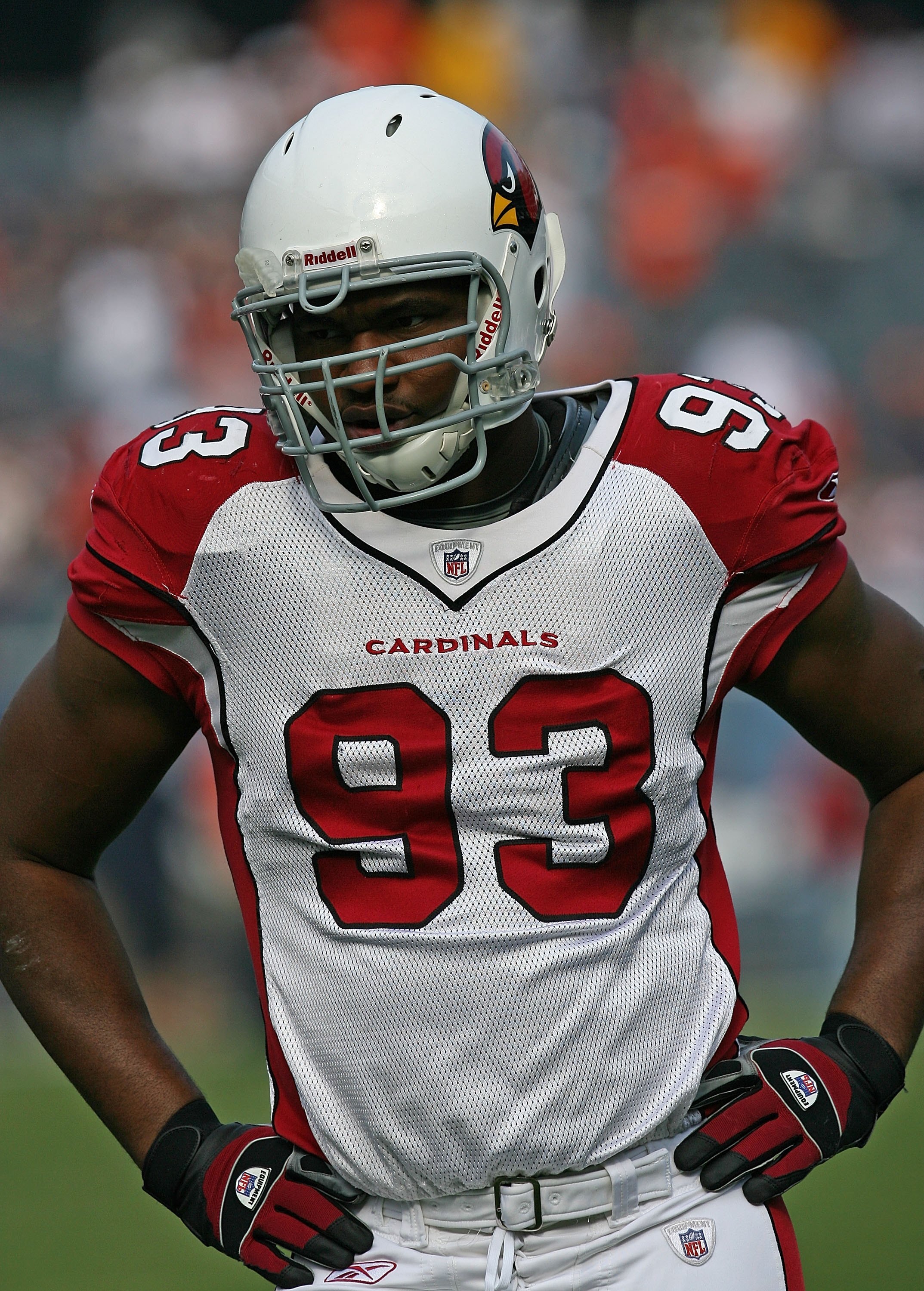 CHICAGO - NOVEMBER 08: Calais Campbell #93 of the Arizona Cardinals participates in warm-ups before a game against the Chicago Bears at Soldier Field on November 8, 2009 in Chicago, Illinois.The Cardinals defeated the Bears 41-21. (Photo by Jonathan Danie