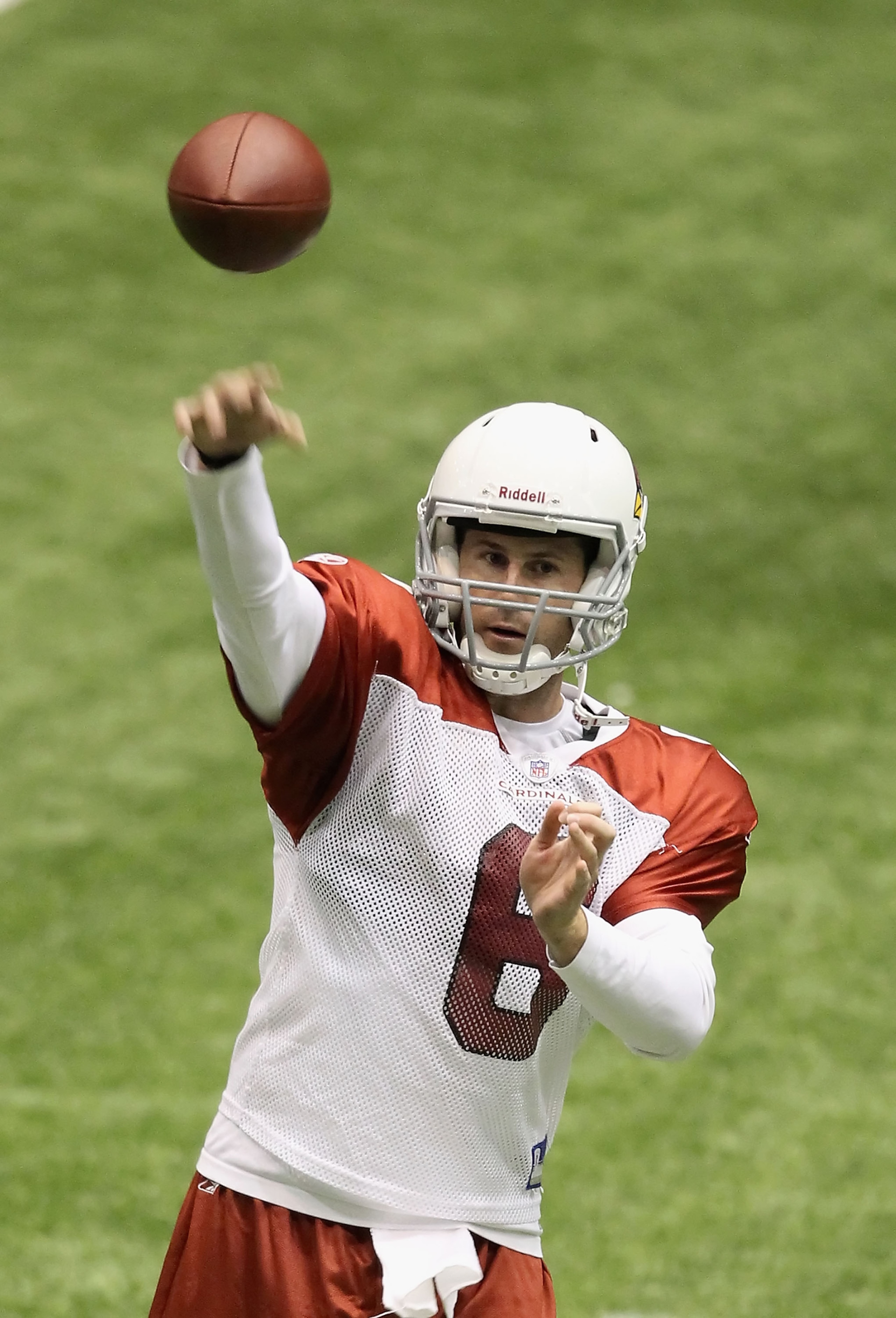 FLAGSTAFF, AZ - AUGUST 01:  Quarterback Max Hall #6 of the Arizona Cardinals practices in the team training camp at Northern Arizona University Walkup Skydome on August 1, 2010 in Flagstaff, Arizona.  (Photo by Christian Petersen/Getty Images)