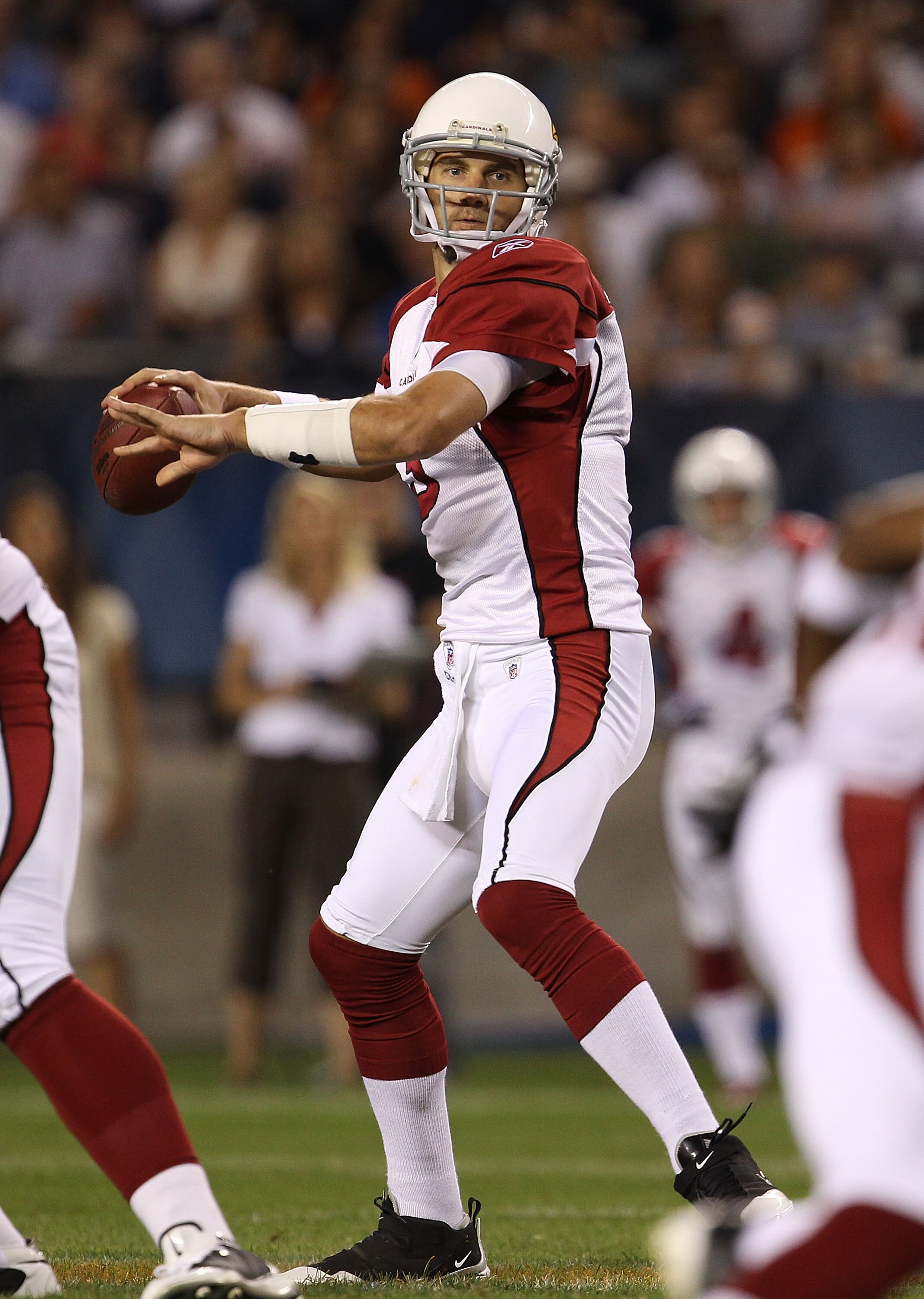 CHICAGO - AUGUST 28: Derek Anderson #3 of the Arizona Cardinals drops back to pass against the Chicago Bears during a preseason game at Soldier Field on August 28, 2010 in Chicago, Illinois. (Photo by Jonathan Daniel/Getty Images)