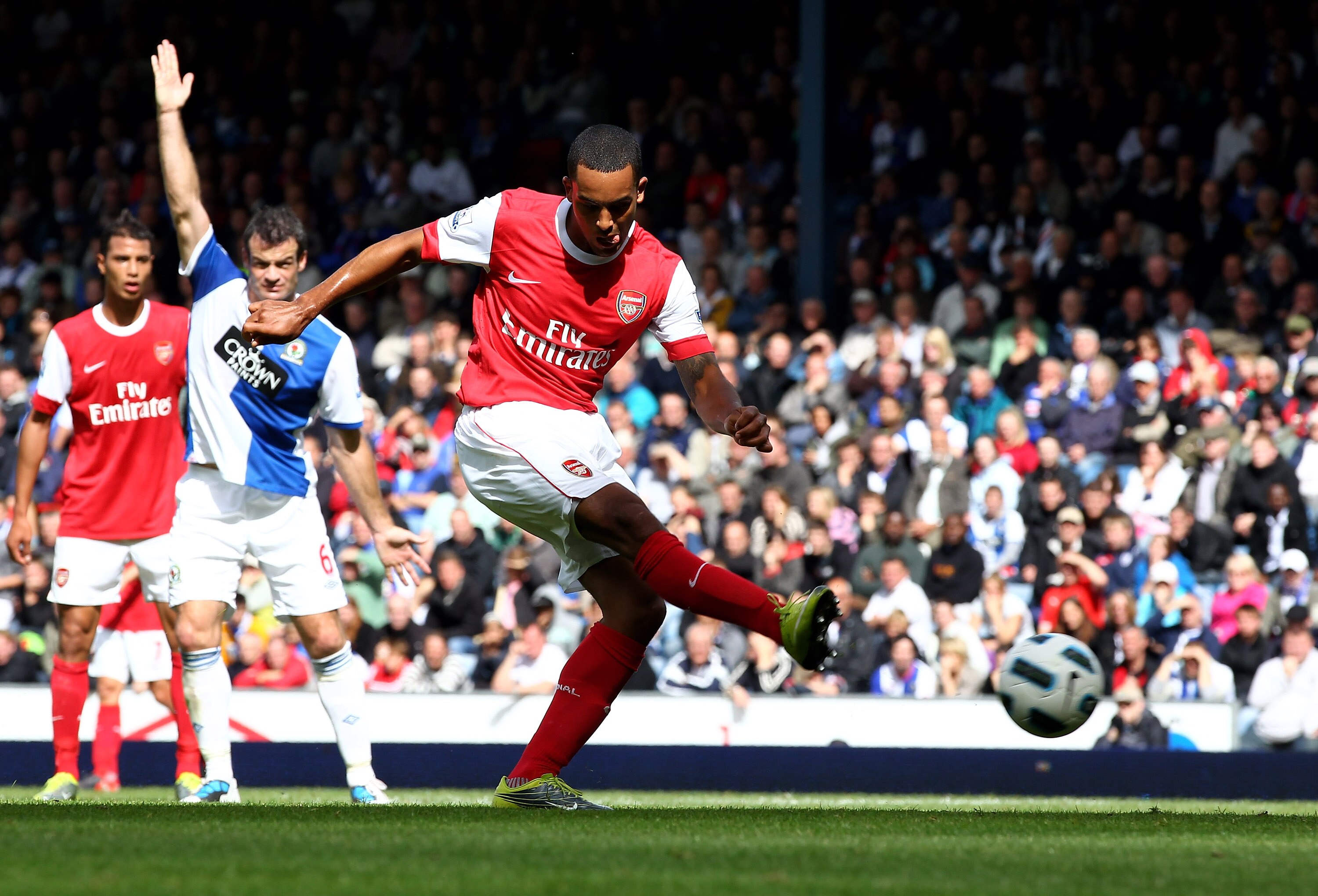 BLACKBURN, ENGLAND - AUGUST 28:  Theo Walcott of Arsenal scores but the goal is disallowed during the Barclays Premier League match between Blackburn Rovers and Arsenal at Ewood Park on August 28, 2010 in Blackburn, England.  (Photo by Clive Brunskill/Get