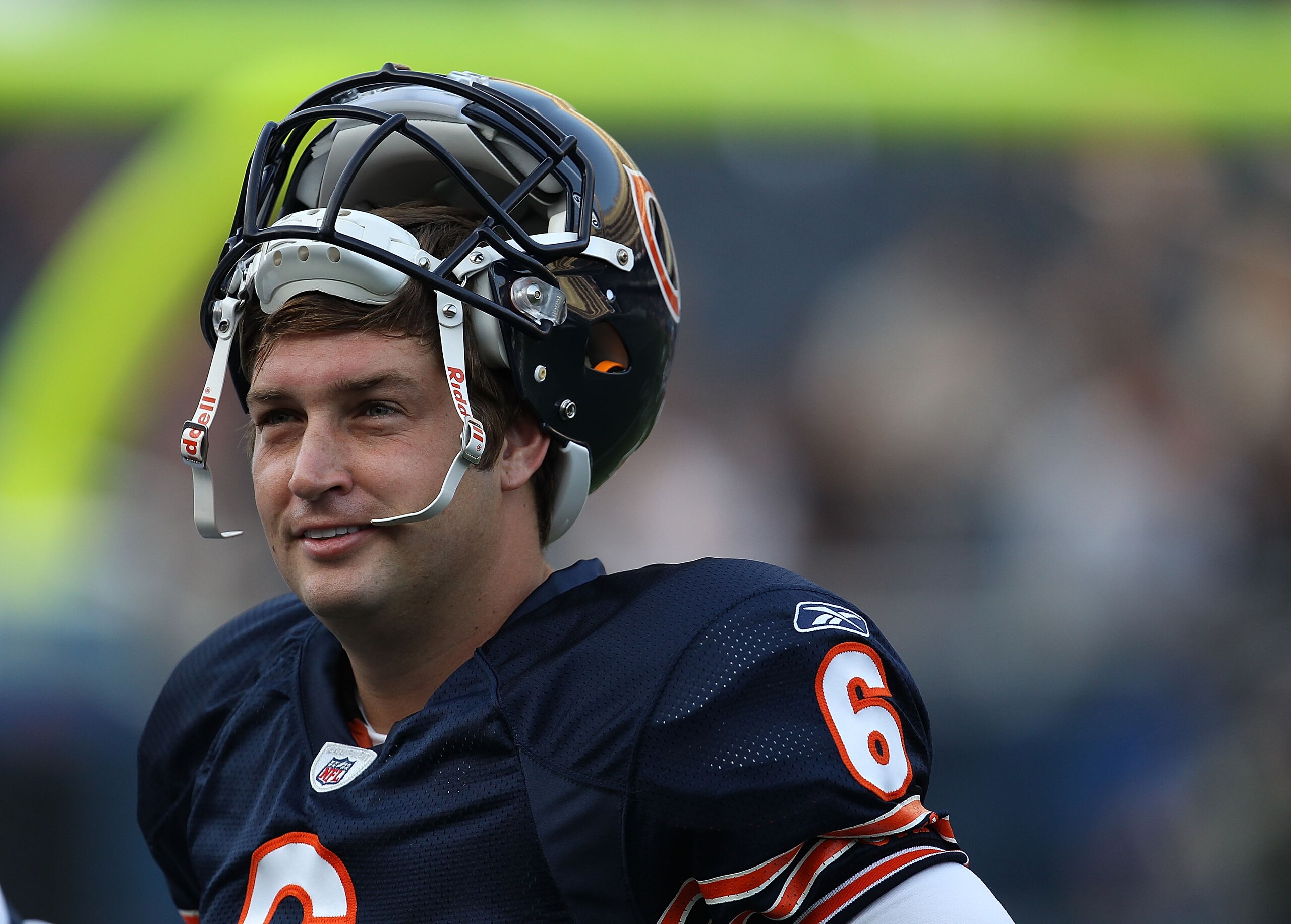 CHICAGO - AUGUST 21: Jay Cutler #6 of the Chicago Bears smiles during warm-ups before a preseason game against the Oakland Raiders at Soldier Field on August 21, 2010 in Chicago, Illinois.  (Photo by Jonathan Daniel/Getty Images)