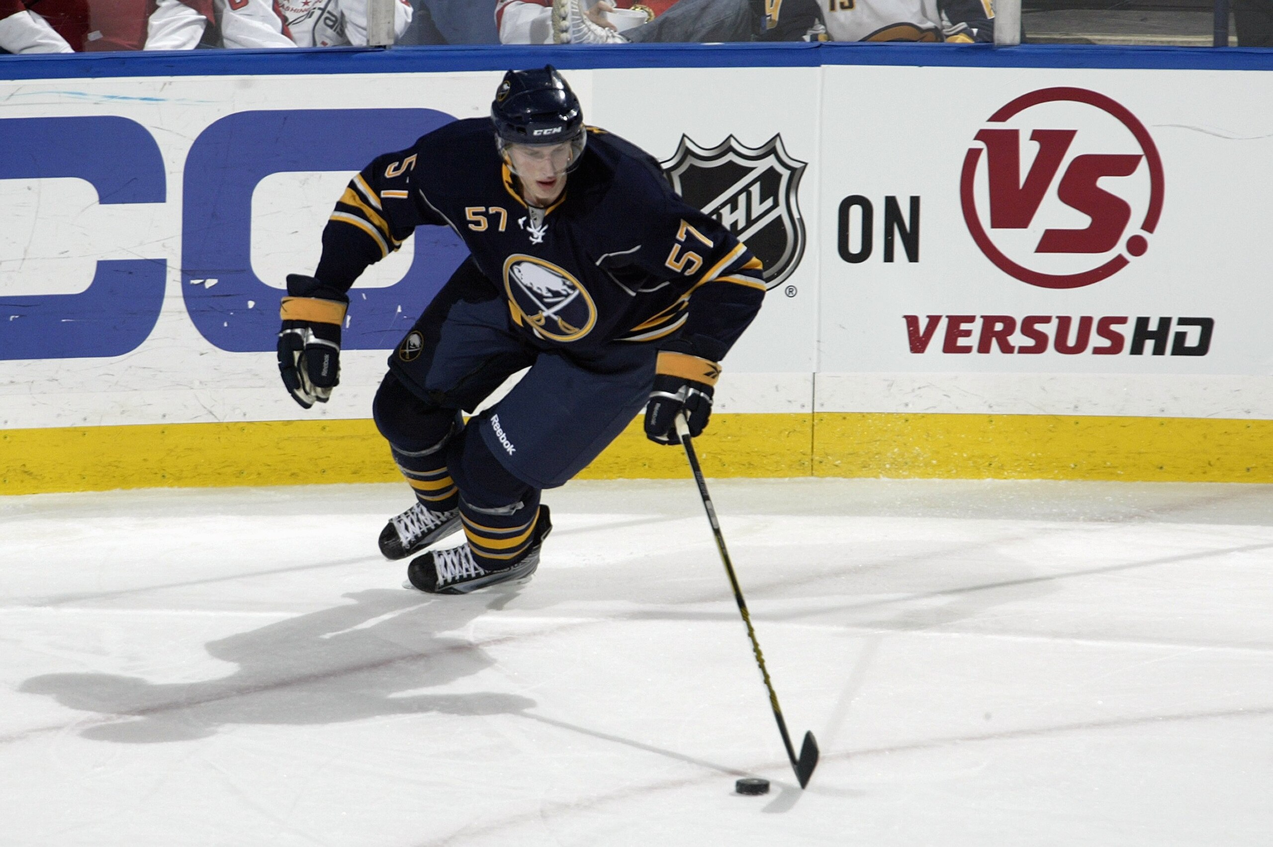 BUFFALO, NY - MARCH 3: Tyler Myers #57 of the Buffalo Sabres skates with the puck during the game against the Washington Capitals at HSBC Arena on March 3, 2010 in Buffalo, New York. (Photo by Rick Stewart/Getty Images) BUFFALO, NY - MARCH 3: Tyler Myers #57 of the Buffalo Sabres skates with the puck during the game against the Washington Capitals at HSBC Arena on March 3, 2010 in Buffalo, New York. (Photo by Rick Stewart/Getty Images)