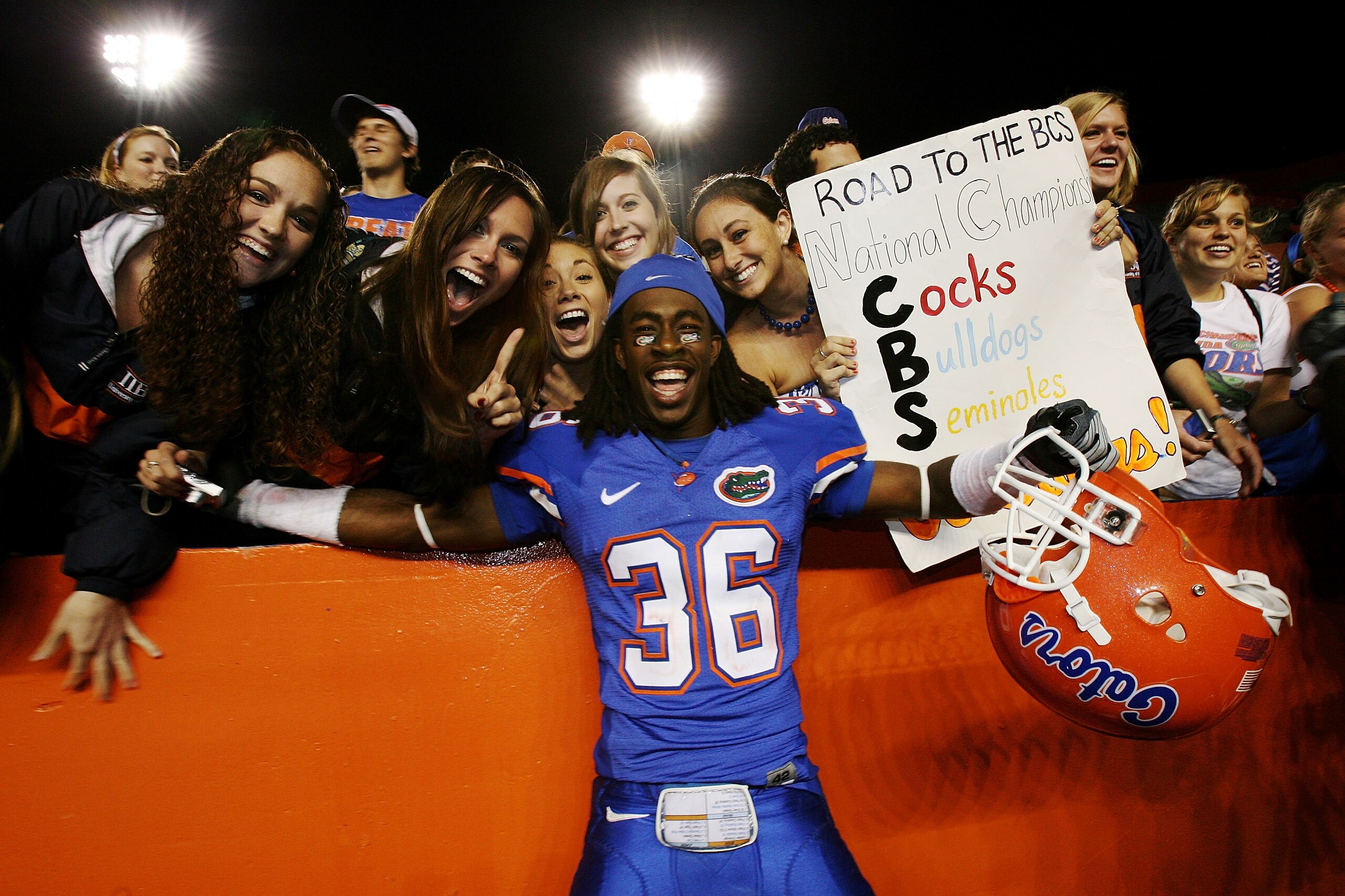 GAINESVILLE, FL - NOVEMBER 15:  Cornerback Moses Jenkins #36 of the Florida Gators celebrates with fans after defeating the South Carolina Gamecocks at Ben Hill Griffin Stadium on November 15, 2008 in Gainesville, Florida. Florida defeated South Carolina