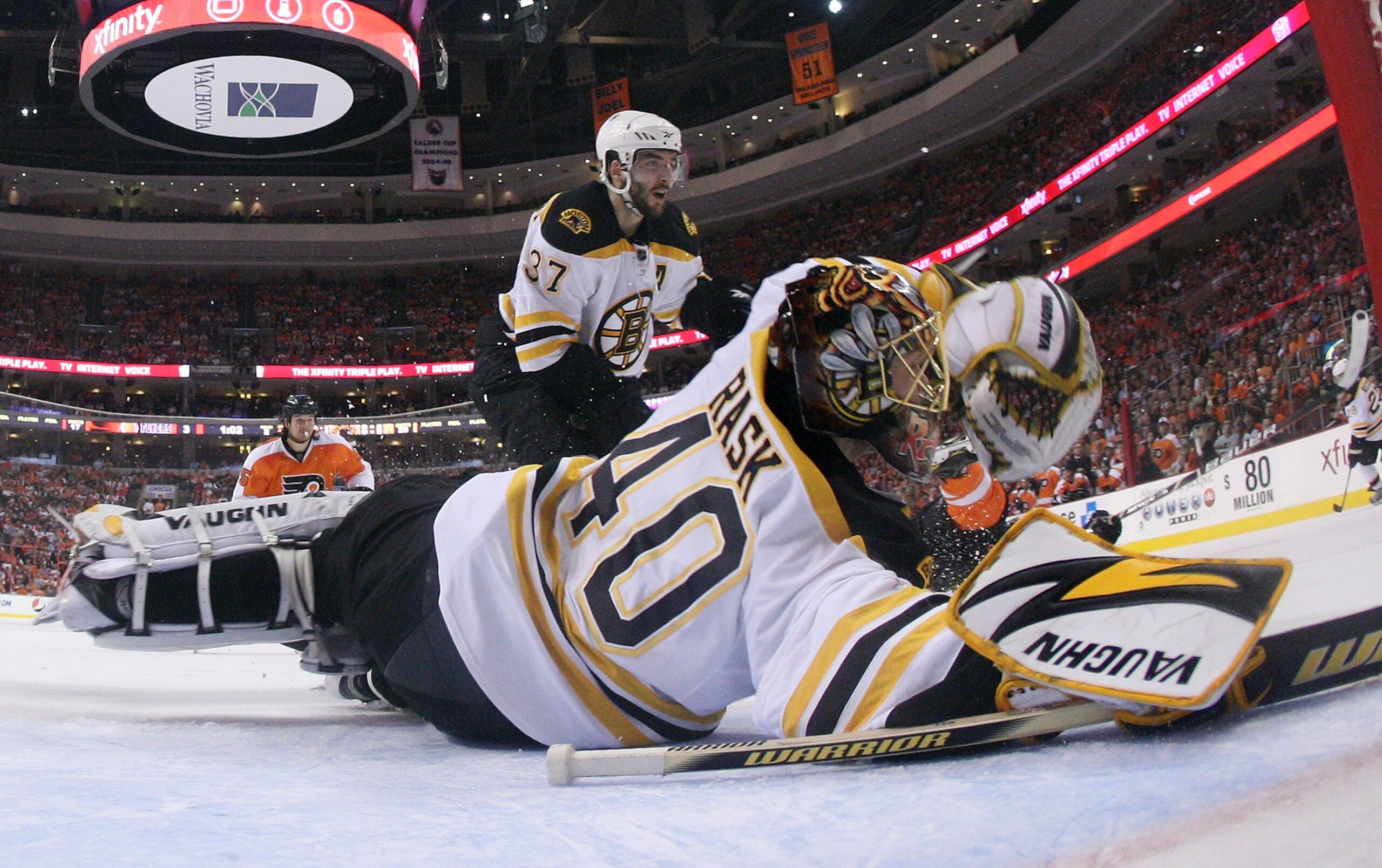 PHILADELPHIA - MAY 07: Tuukka Rask #40 of the Boston Bruins tends net against the Philadelphia Flyers in Game Four of the Eastern Conference Semifinals during the 2010 NHL Stanley Cup Finals at the Wachovia Center on May 7, 2010 in Philadelphia, Pennsylv PHILADELPHIA - MAY 07: Tuukka Rask #40 of the Boston Bruins tends net against the Philadelphia Flyers in Game Four of the Eastern Conference Semifinals during the 2010 NHL Stanley Cup Finals at the Wachovia Center on May 7, 2010 in Philadelphia, Pennsylv