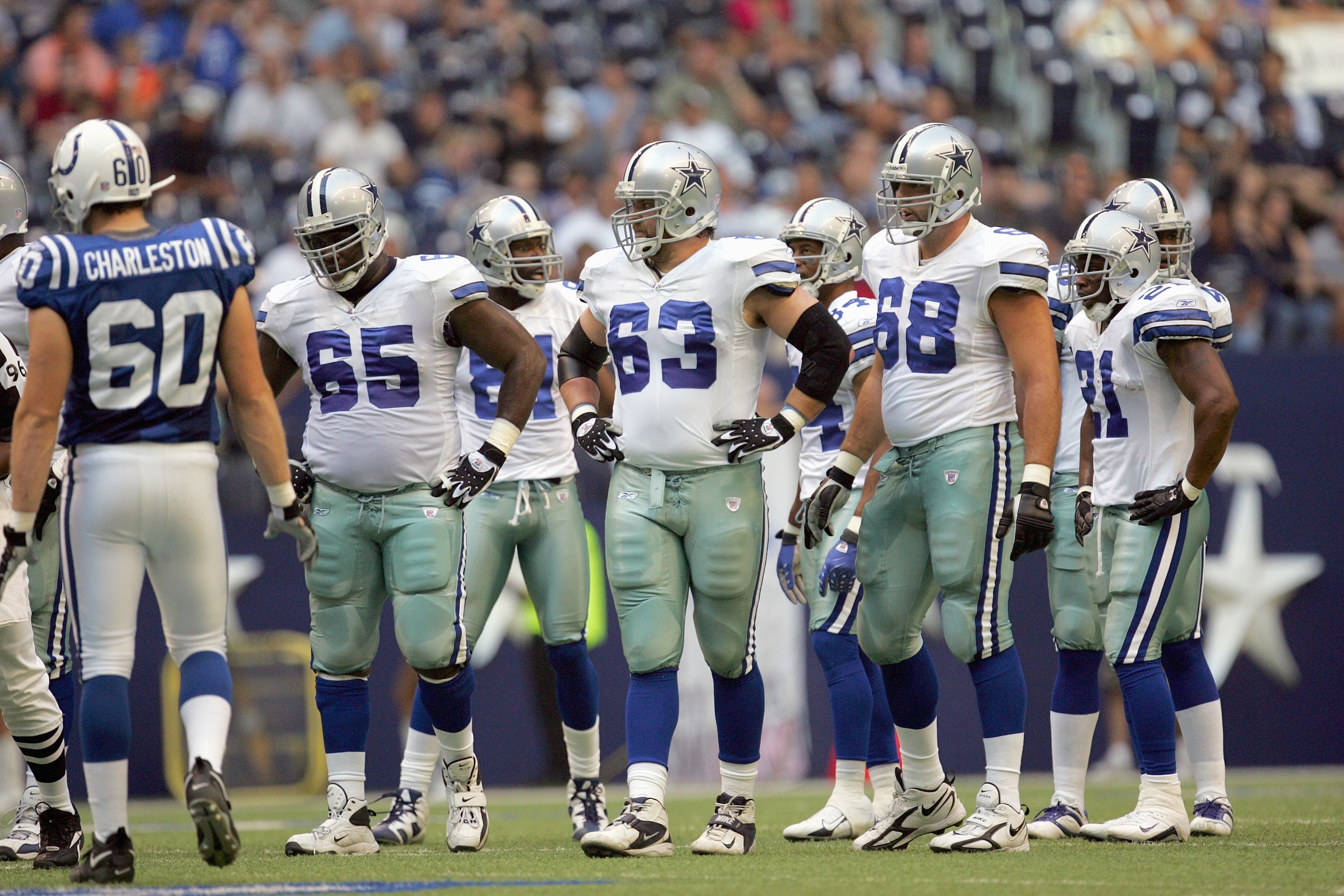 IRVING, TX - AUGUST 9: Andre Gurode #65 ,Kyle Kosier #63 and Doug Free #68 of the Dallas Cowboys walk to the line during the preseason game against the Indianapolis Colts at Texas Stadium on August 9, 2007 in Irving, Texas. (Photo by Ronald Martinez/Gett IRVING, TX - AUGUST 9: Andre Gurode #65 ,Kyle Kosier #63 and Doug Free #68 of the Dallas Cowboys walk to the line during the preseason game against the Indianapolis Colts at Texas Stadium on August 9, 2007 in Irving, Texas. (Photo by Ronald Martinez/Gett