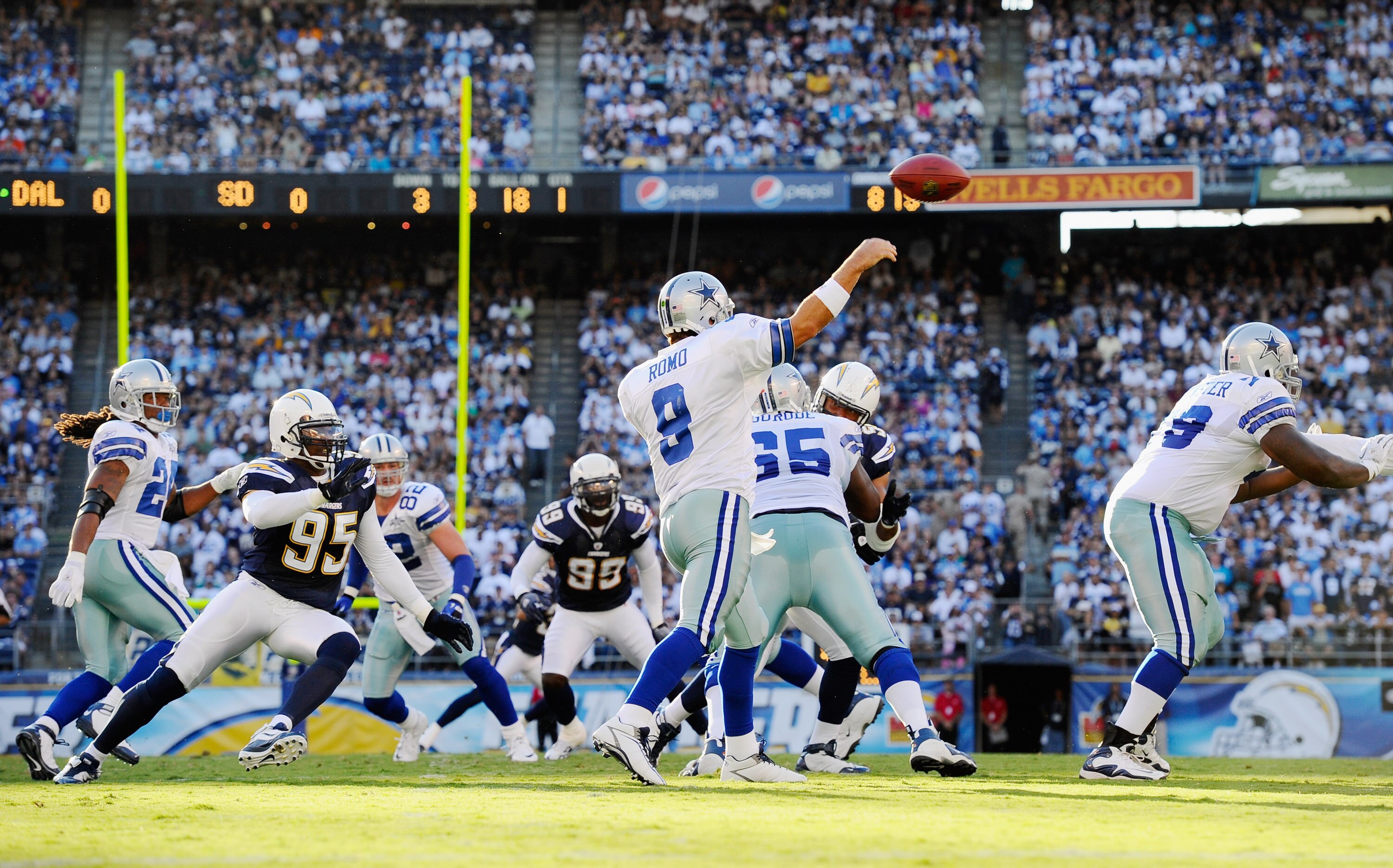 SAN DIEGO - AUGUST 21:  Quarterback Tony Romo #9 of the Dallas Cowboys  during the pre-season NFL football game against San Diego Chargers at Qualcomm Stadium on August 21, 2010 in San Diego, California.  (Photo by Kevork Djansezian/Getty Images)