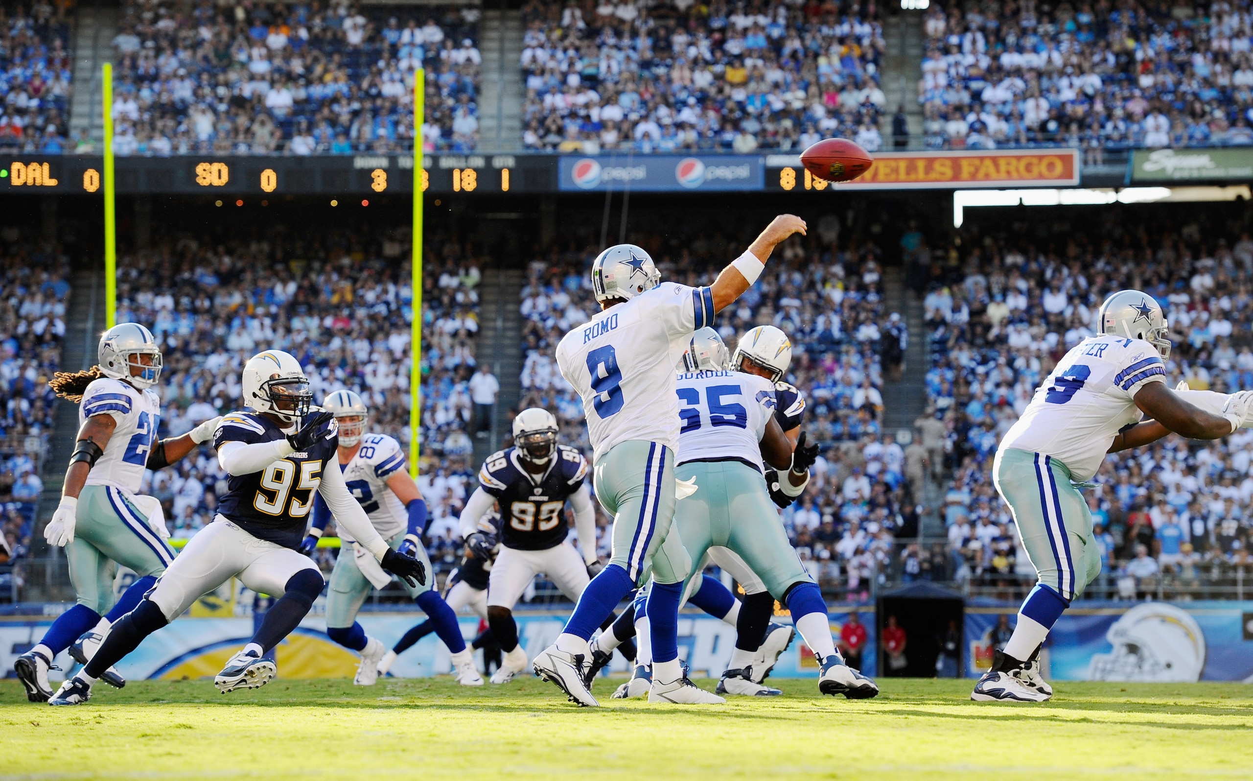 SAN DIEGO - AUGUST 21: Quarterback Tony Romo #9 of the Dallas Cowboys during the pre-season NFL football game against San Diego Chargers at Qualcomm Stadium on August 21, 2010 in San Diego, California. (Photo by Kevork Djansezian/Getty Images) SAN DIEGO - AUGUST 21: Quarterback Tony Romo #9 of the Dallas Cowboys during the pre-season NFL football game against San Diego Chargers at Qualcomm Stadium on August 21, 2010 in San Diego, California. (Photo by Kevork Djansezian/Getty Images)