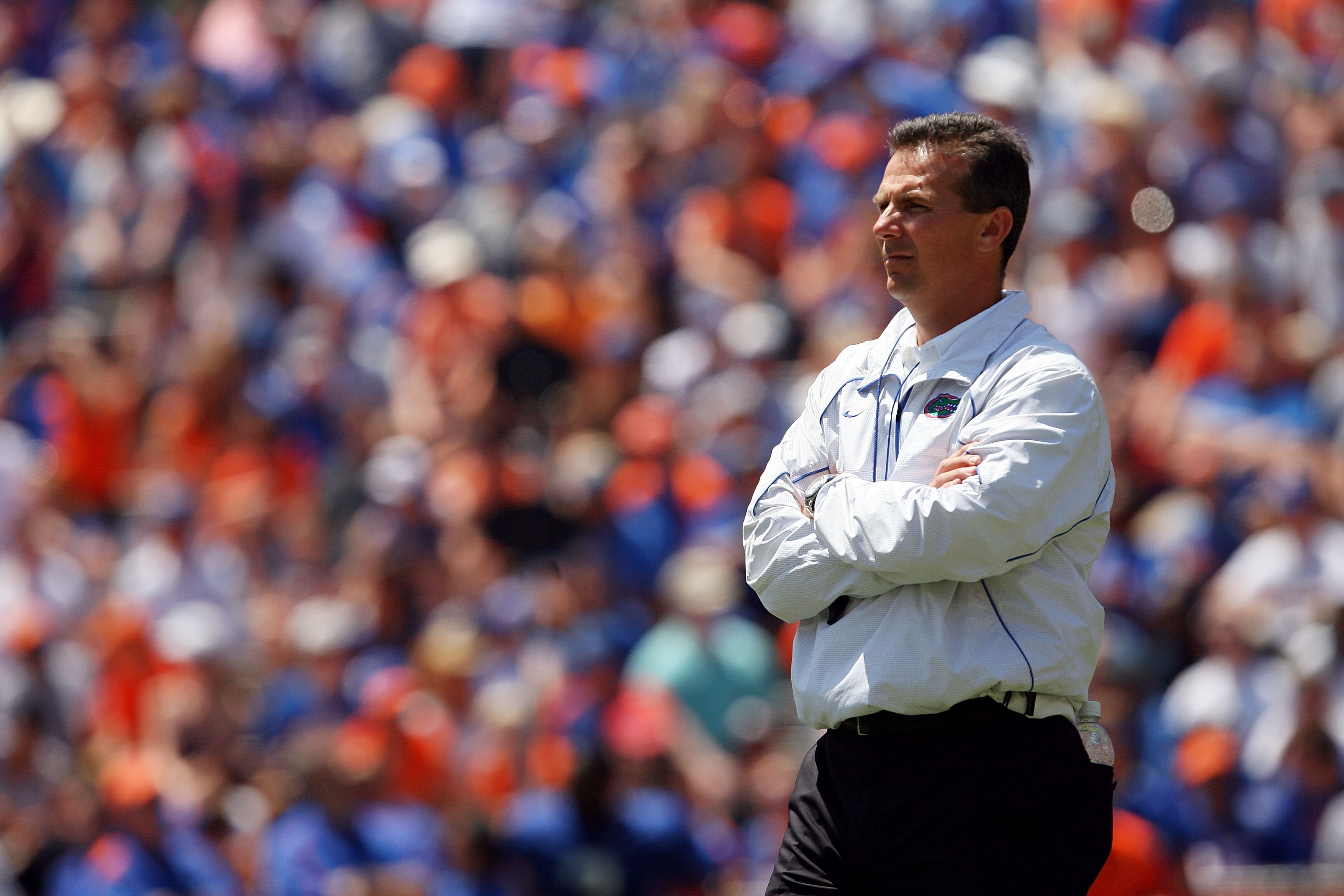 GAINESVILLE, FL - APRIL 10:  Head coach Urban Meyer of the Florida Gators watches his team during the Orange & Blue game at Ben Hill Griffin Stadium on April 10, 2010 in Gainesville, Florida.  (Photo by Doug Benc/Getty Images)