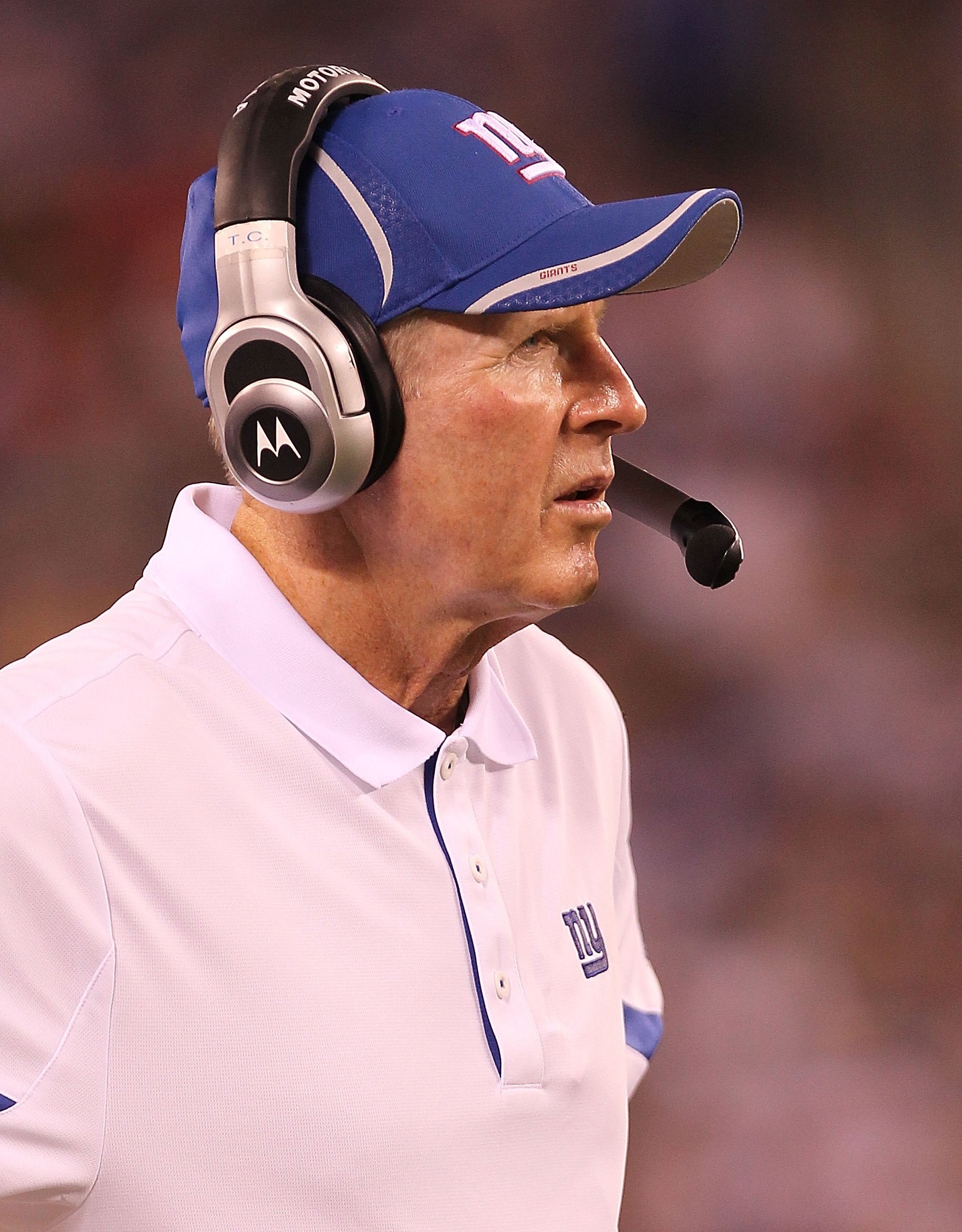 EAST RUTHERFORD, NJ - AUGUST 21:  Head coach of the New York Giants, Tom Coughlin looks on from the sideline against the Pittsburgh Steelers during their preseason game at New Meadowlands Stadium on August 21, 2010 in East Rutherford, New Jersey.  (Photo