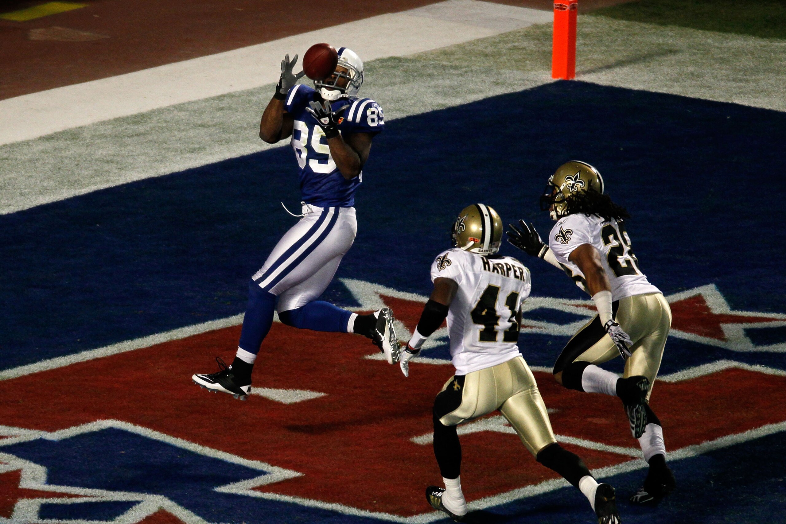 MIAMI GARDENS, FL - FEBRUARY 07: Pierre Garcon #85 of the Indianapolis Colts catches a touchdown pass in the first quarter against the New Orleans Saints during Super Bowl XLIV on February 7, 2010 at Sun Life Stadium in Miami Gardens, Florida. (Photo by MIAMI GARDENS, FL - FEBRUARY 07: Pierre Garcon #85 of the Indianapolis Colts catches a touchdown pass in the first quarter against the New Orleans Saints during Super Bowl XLIV on February 7, 2010 at Sun Life Stadium in Miami Gardens, Florida. (Photo by