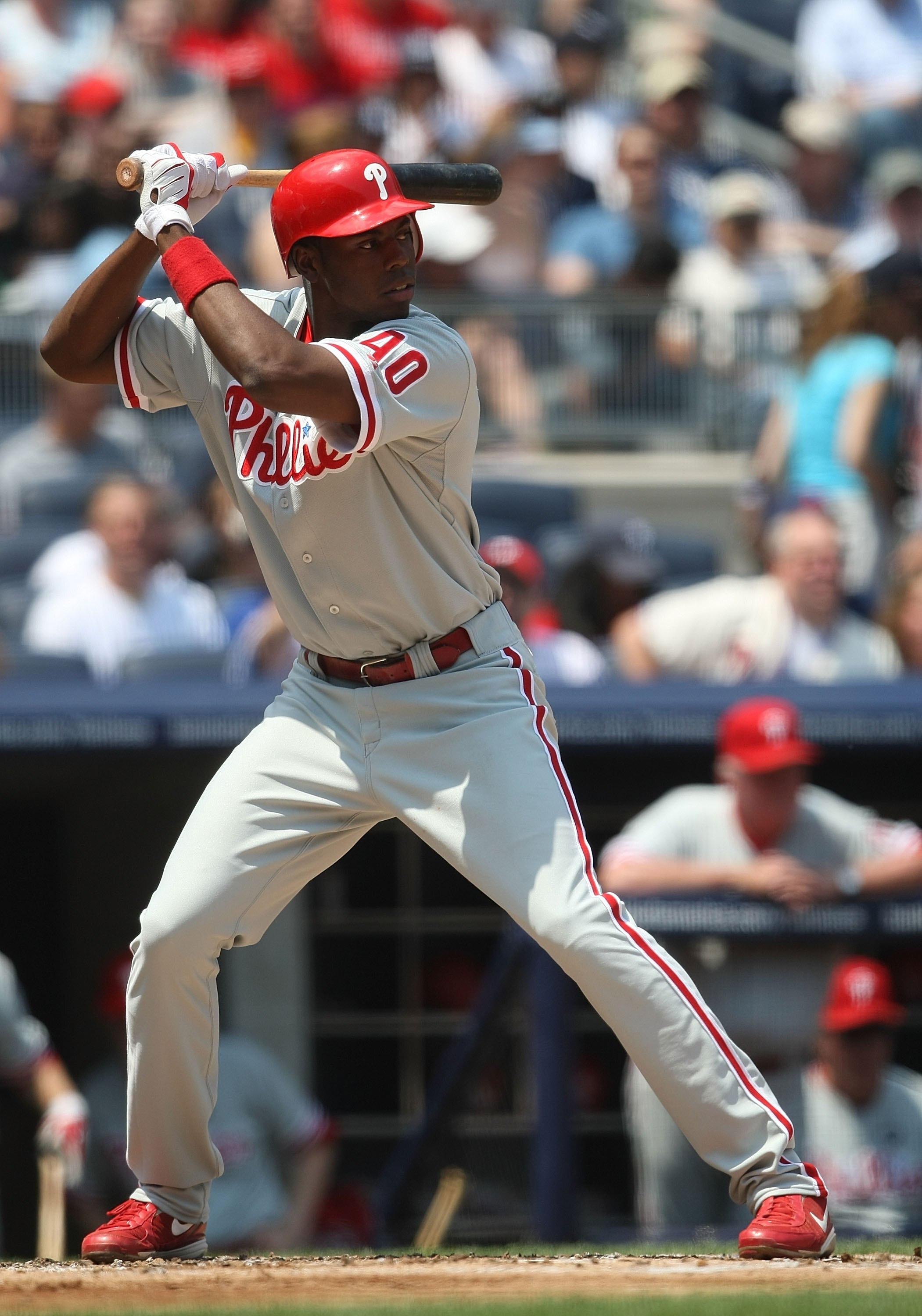 NEW YORK - MAY 24:  John Mayberry, Jr. #40 of the Philadelphia Phillies at bat against the New York Yankees on May 24, 2009 at Yankee Stadium in the Bronx borough of New York City.  (Photo by Nick Laham/Getty Images)