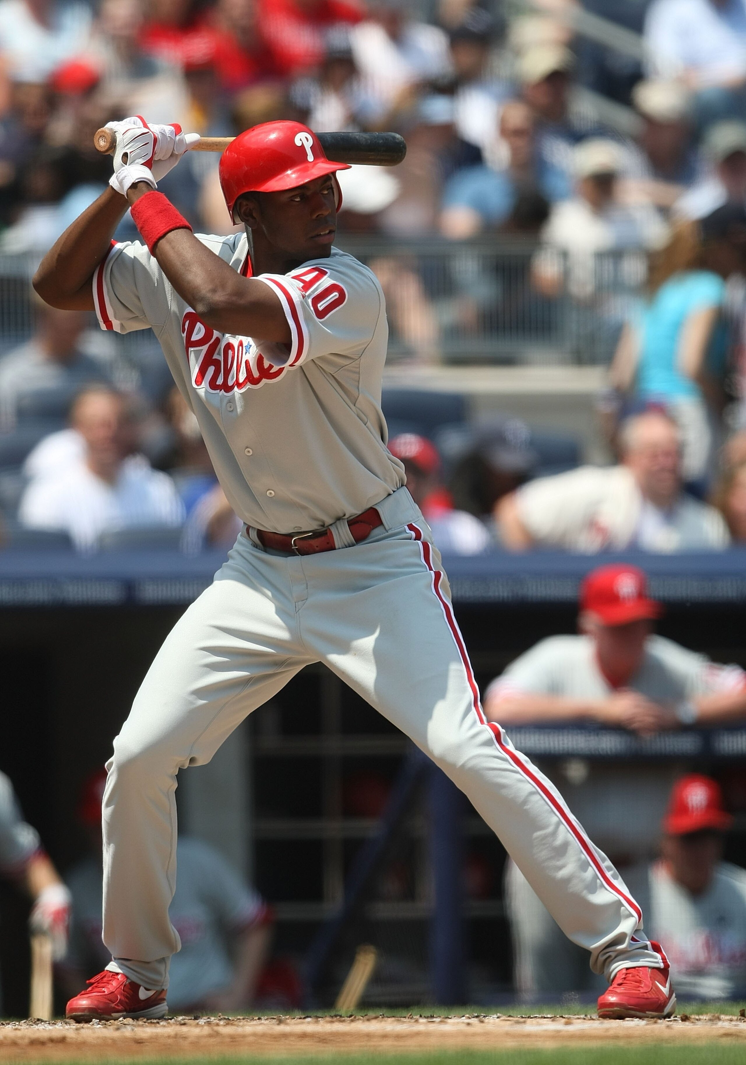 NEW YORK - MAY 24:  John Mayberry, Jr. #40 of the Philadelphia Phillies at bat against the New York Yankees on May 24, 2009 at Yankee Stadium in the Bronx borough of New York City.  (Photo by Nick Laham/Getty Images)