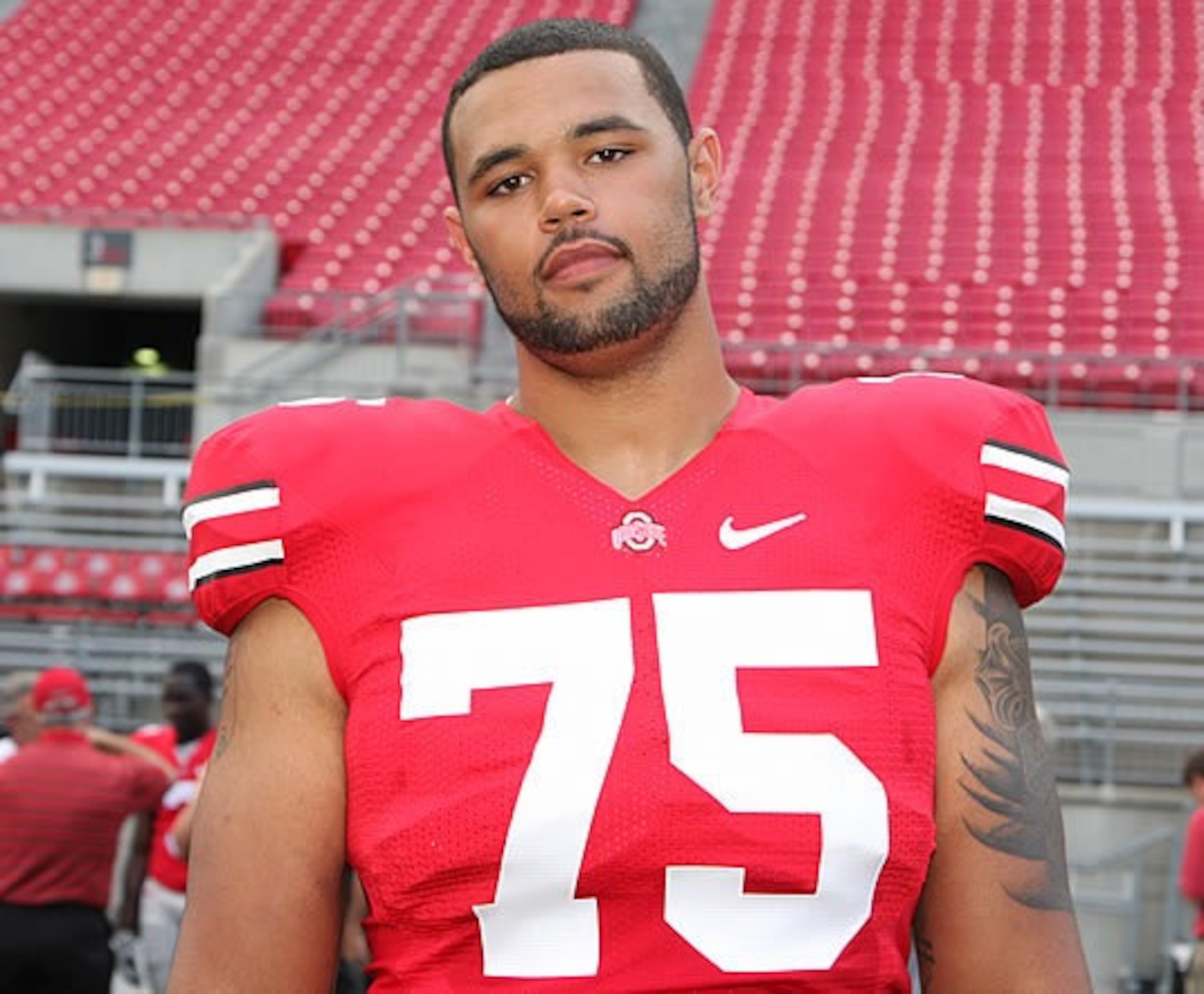Mike Adams, #75, is expected to be the starting LT for the Buckeyes and has not lived up to the hype coming out of high school early on in his college career.