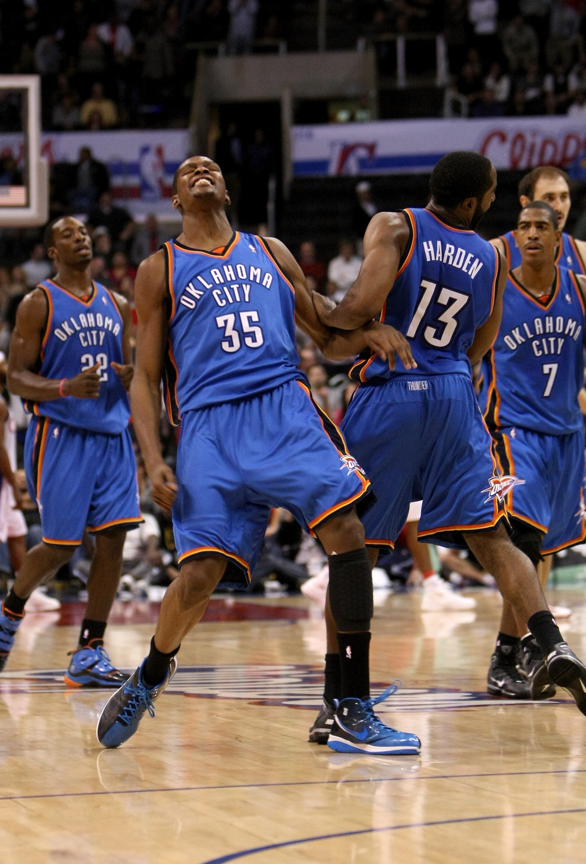 LOS ANGELES, CA - NOVEMBER 11:  Kevin Durant #35 of  the Oklahoma City Thunder celebrates with James Harden #13 after his basket gave the Thunder the lead for good with 38 seconds remaining in the game with  the Los Angeles Clippers on November 11, 2009 a