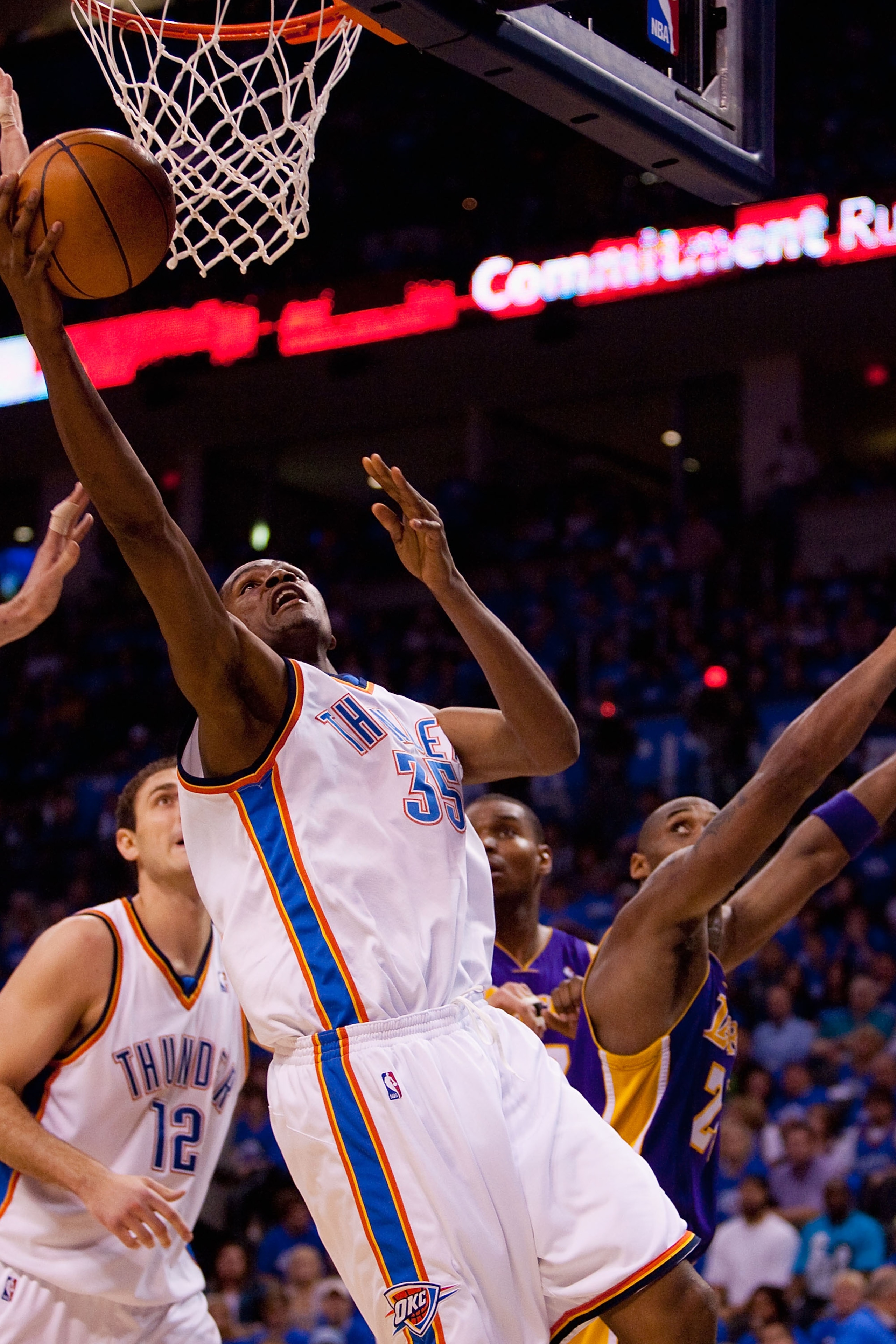 OKLAHOMA CITY - APRIL 22: Kevin Durant #35 of the Oklahoma City Thunder shoots the ball against the Los Angeles Lakers during Game Three of the Western Conference Quarterfinals of the 2010 NBA Playoffs on April 22, 2010 at the Ford Center in Oklahoma City OKLAHOMA CITY - APRIL 22: Kevin Durant #35 of the Oklahoma City Thunder shoots the ball against the Los Angeles Lakers during Game Three of the Western Conference Quarterfinals of the 2010 NBA Playoffs on April 22, 2010 at the Ford Center in Oklahoma City