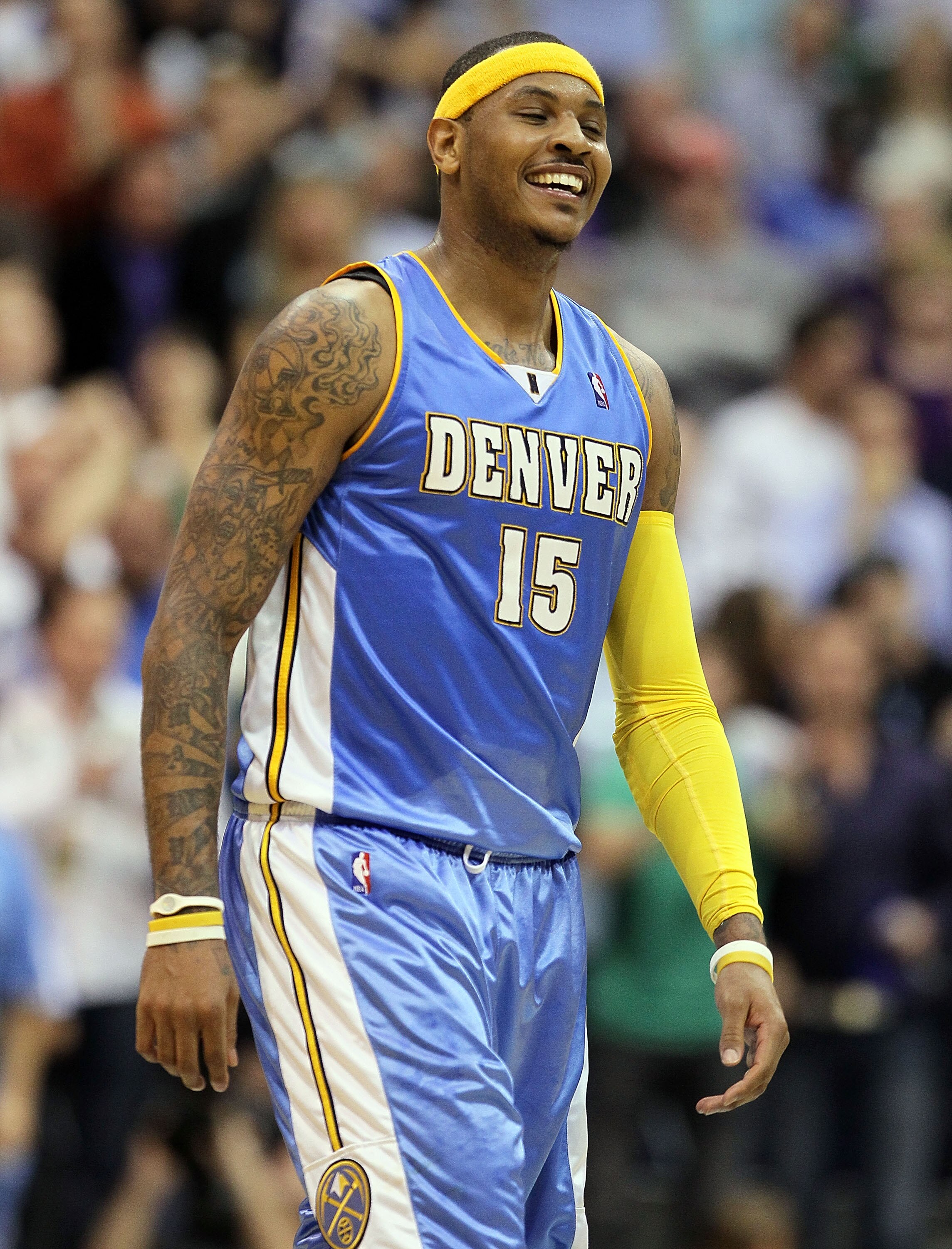 SALT LAKE CITY - APRIL 25:  Carmelo Anthony #15 of the Denver Nuggets is pictured after being called for a foul against the Utah Jazz during  Game Four of the Western Conference Quarterfinals of the 2010 NBA Playoffs at EnergySolutions Arena on April 25,
