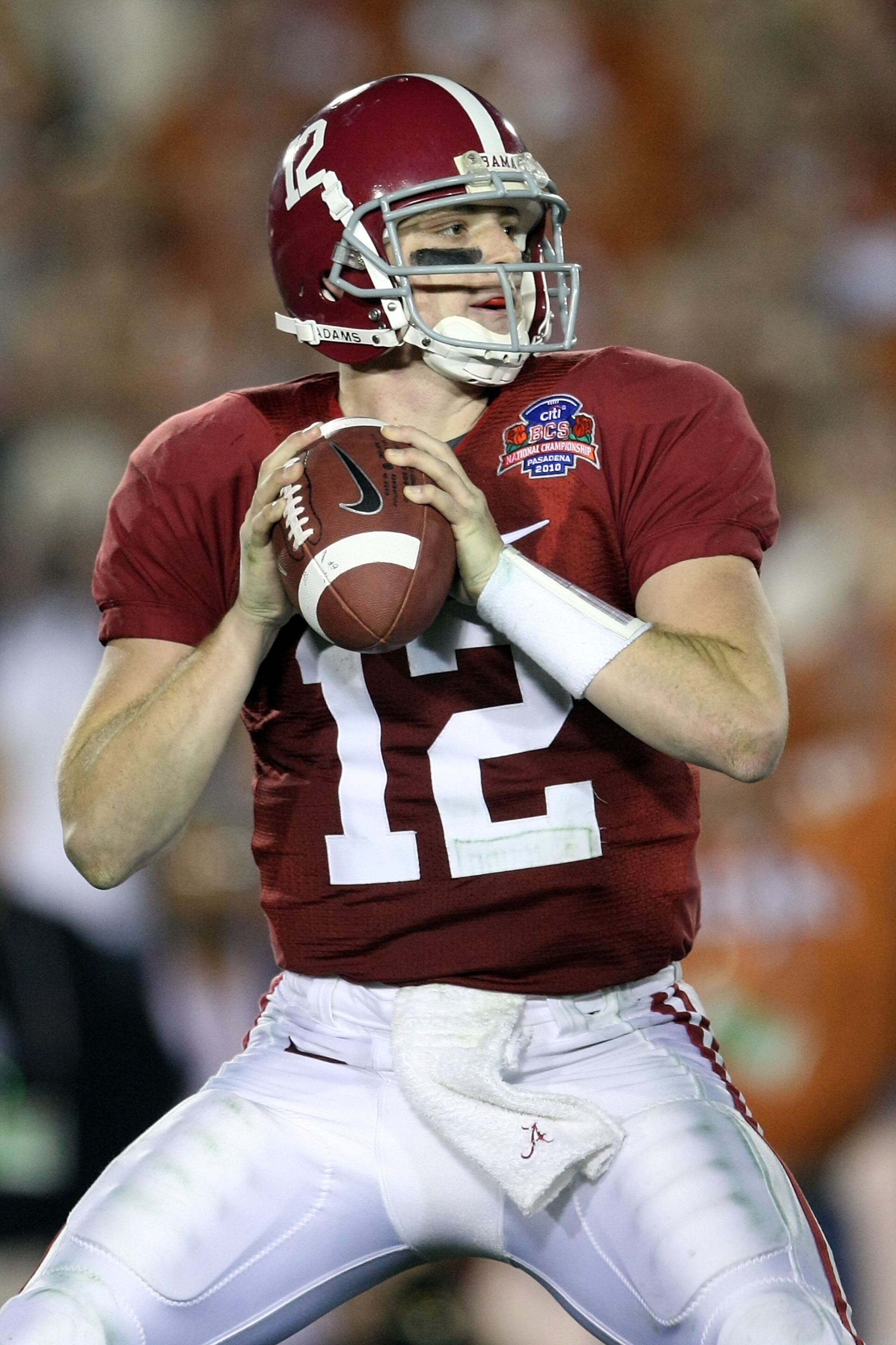 PASADENA, CA - JANUARY 07: Quarterback Greg McElroy #12 of the Alabama Crimson Tide throws the ball against the Texas Longhorns in the second half of the Citi BCS National Championship game at the Rose Bowl on January 7, 2010 in Pasadena, California. (P PASADENA, CA - JANUARY 07: Quarterback Greg McElroy #12 of the Alabama Crimson Tide throws the ball against the Texas Longhorns in the second half of the Citi BCS National Championship game at the Rose Bowl on January 7, 2010 in Pasadena, California. (P
