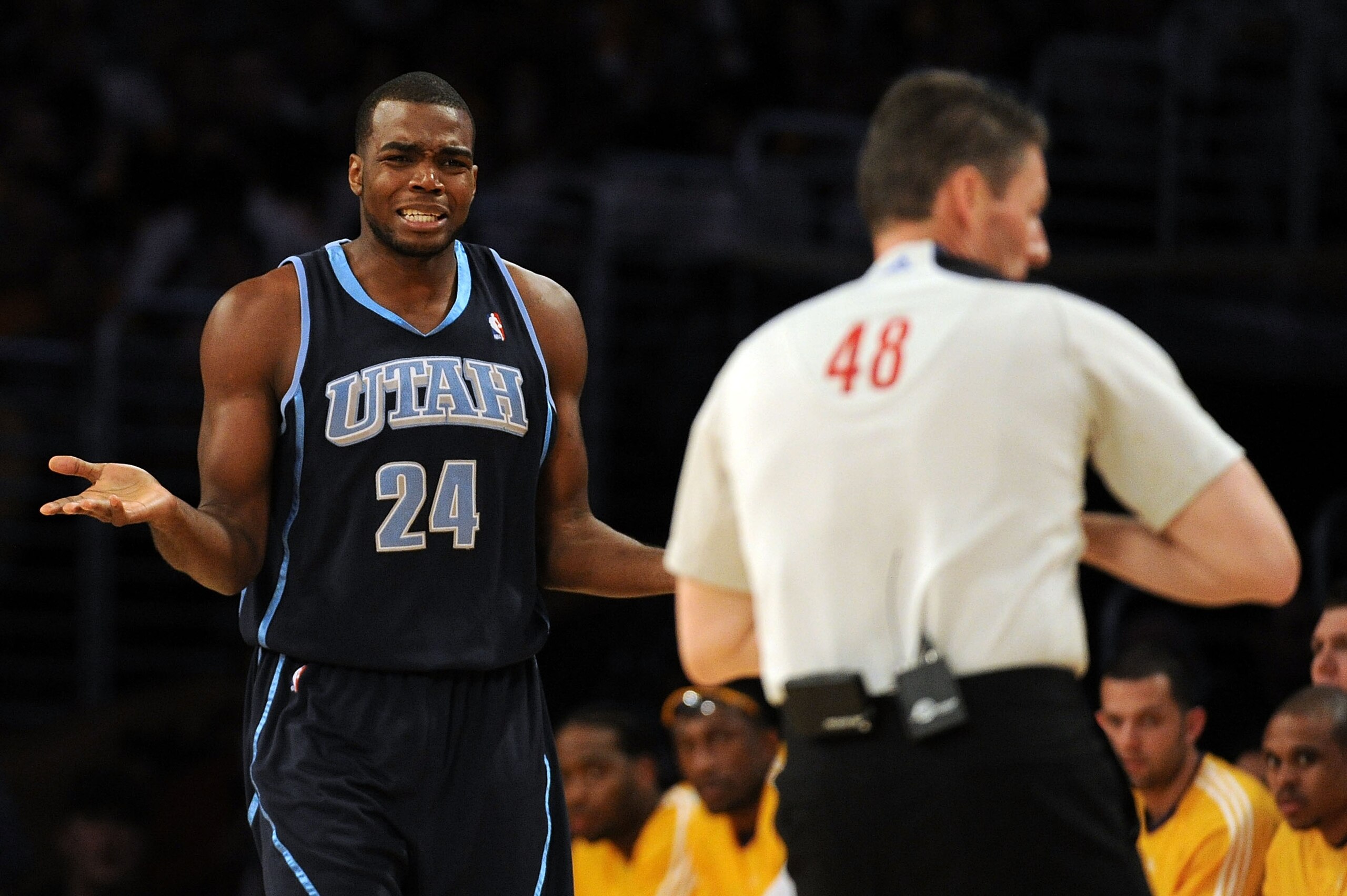 LOS ANGELES, CA - MAY 04:  Paul Millsap #24 of the Utah Jazz reacts to a call by referee Scott Foster during Game Two of the Western Conference Semifinals of the 2010 NBA Playoffs against the Los Angeles Lakers at Staples Center on May 4, 2010 in Los Ange
