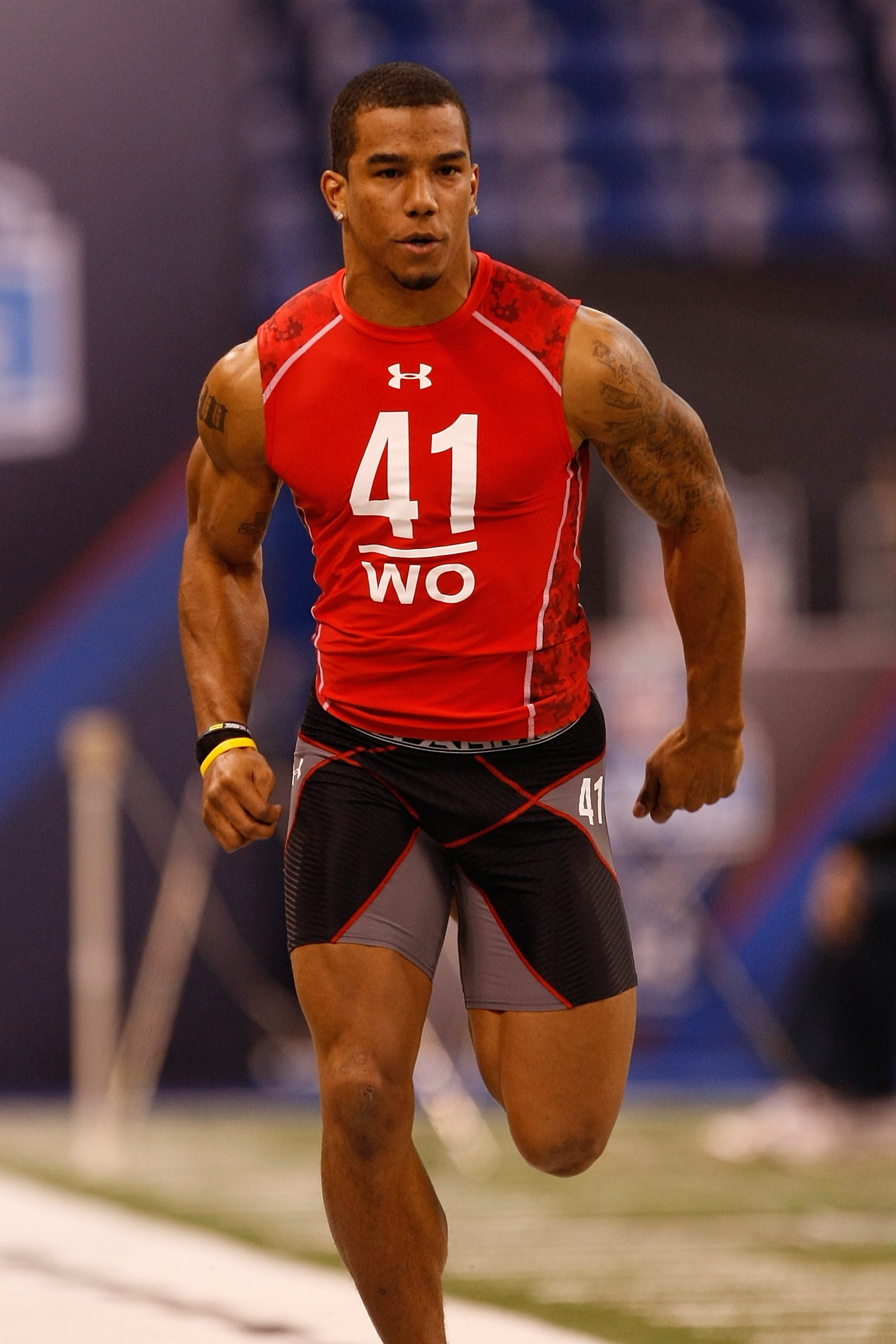 INDIANAPOLIS, IN - FEBRUARY 28: Wide receiver Kyle Williams of Arizona State runs the 40 yard dash during the NFL Scouting Combine presented by Under Armour at Lucas Oil Stadium on February 28, 2010 in Indianapolis, Indiana. (Photo by Scott Boehm/Getty Im