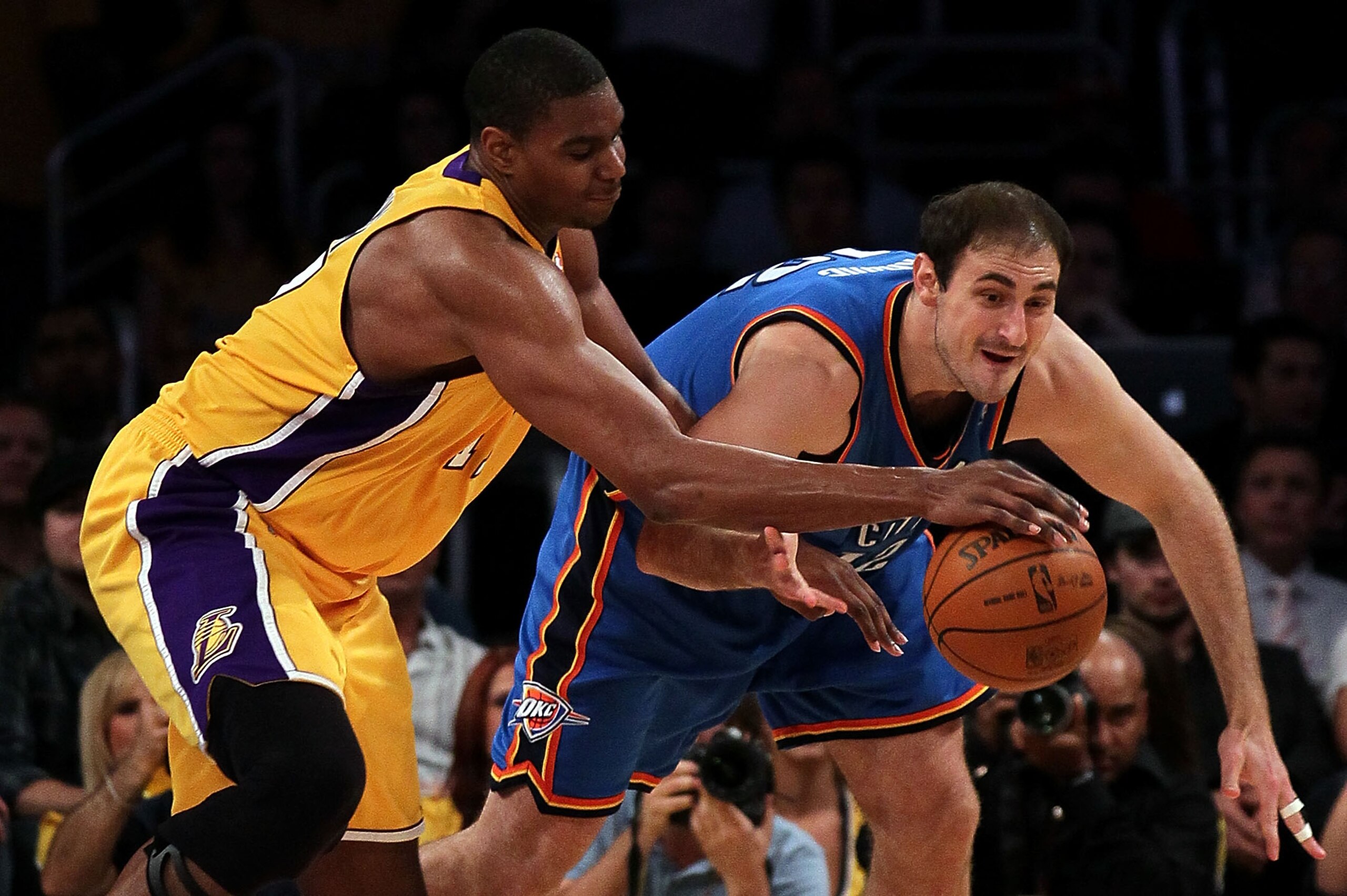 LOS ANGELES, CA - APRIL 27:  Andrew Bynum #17 of the Los Angeles Lakers and Nenad Krstic #12 of the Oklahoma City Thunder battle for the ball in the third period during Game Five of the Western Conference Quarterfinals of the 2010 NBA Playoffs at Staples 