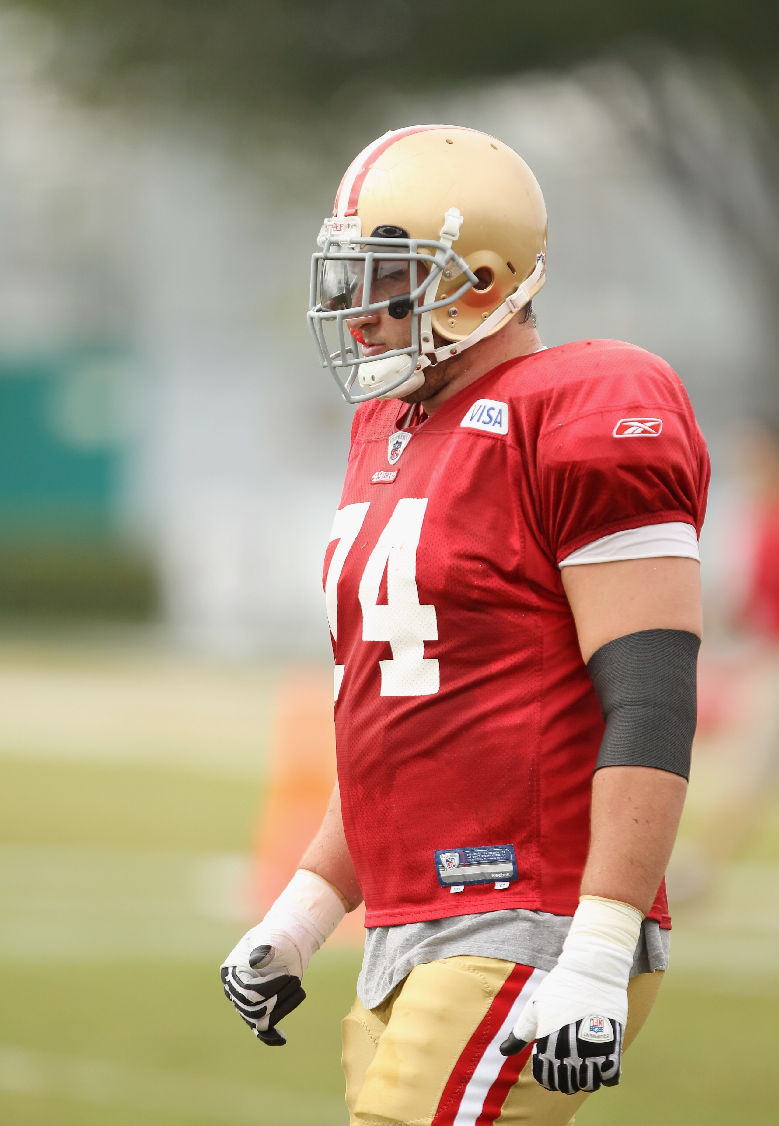 SANTA CLARA, CA - AUGUST 02:  Joe Staley #74 works out during the San Francisco 49ers training camp at their training complex on August 2, 2010 in Santa Clara, California.  (Photo by Ezra Shaw/Getty Images)
