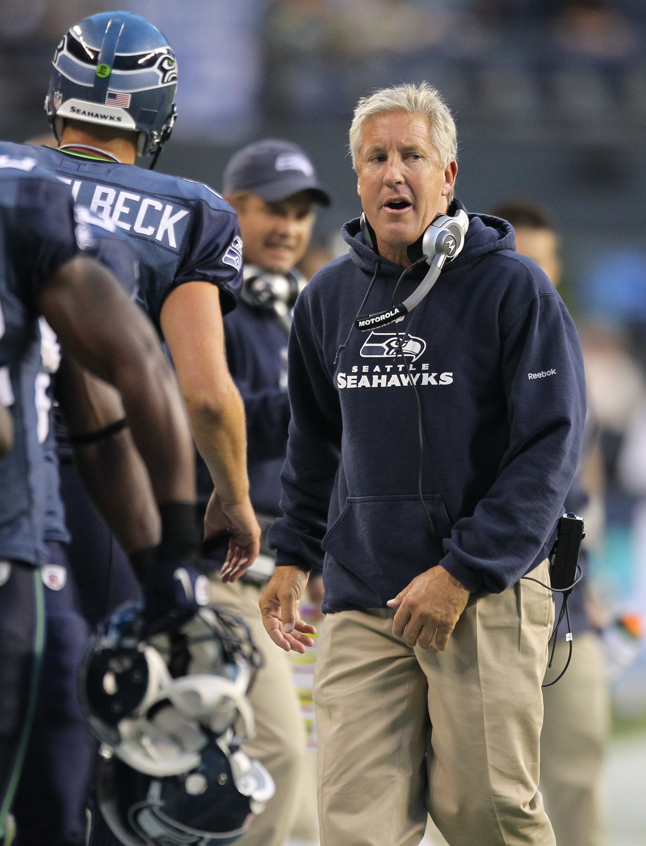 SEATTLE - AUGUST 21:  Head coach Pete Carroll of the Seattle Seahawks looks on during the preseason game against the Green Bay Packers at Qwest Field on August 21, 2010 in Seattle, Washington. (Photo by Otto Greule Jr/Getty Images)