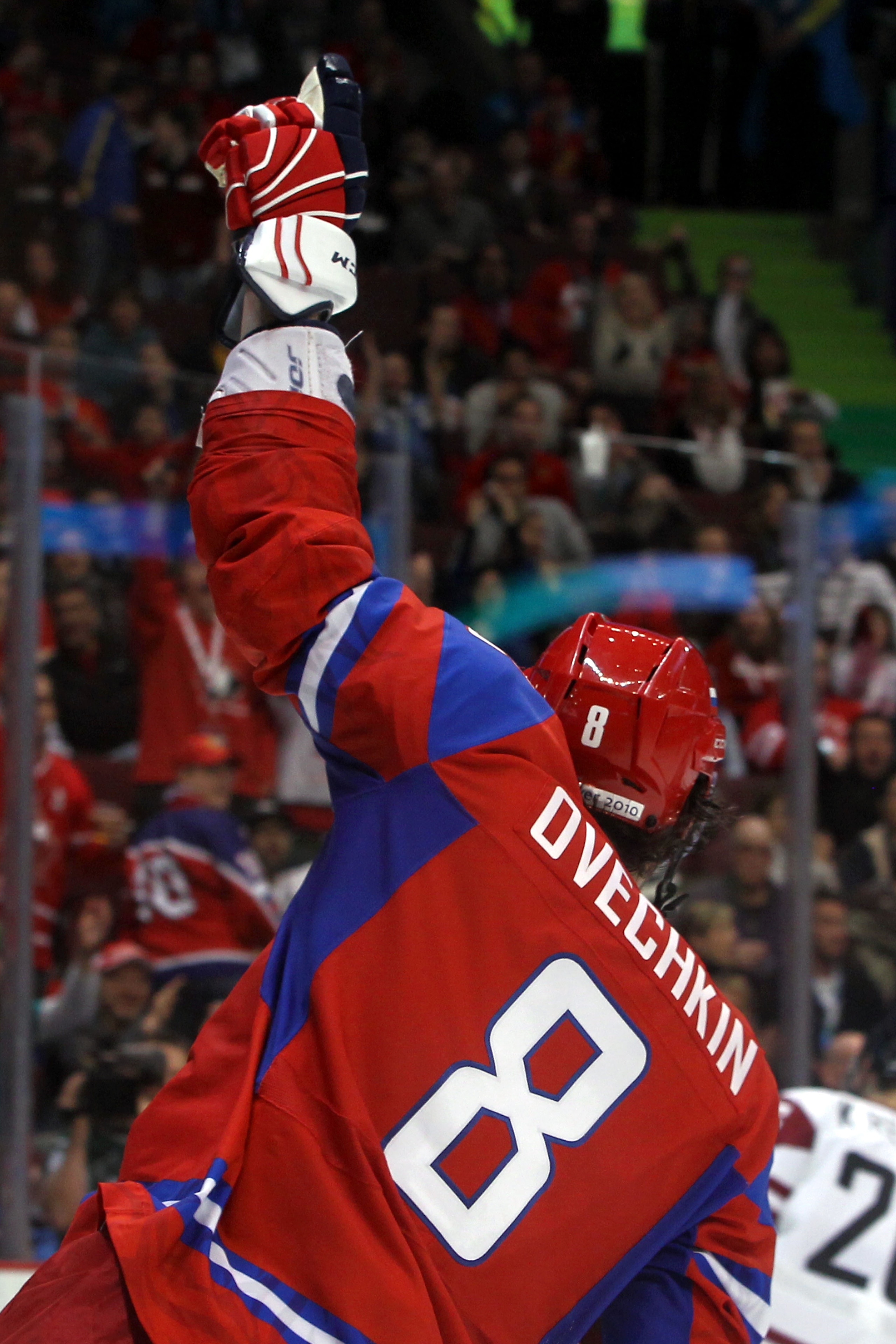 VANCOUVER, BC - FEBRUARY 16: Alexander Ovechkin of Russia celebrates after scoring a goal during the ice hockey men's preliminary game between Russia and Latvia on day 5 of the Vancouver 2010 Winter Olympics at Canada Hockey Place on February 16, 2010 in VANCOUVER, BC - FEBRUARY 16: Alexander Ovechkin of Russia celebrates after scoring a goal during the ice hockey men's preliminary game between Russia and Latvia on day 5 of the Vancouver 2010 Winter Olympics at Canada Hockey Place on February 16, 2010 in