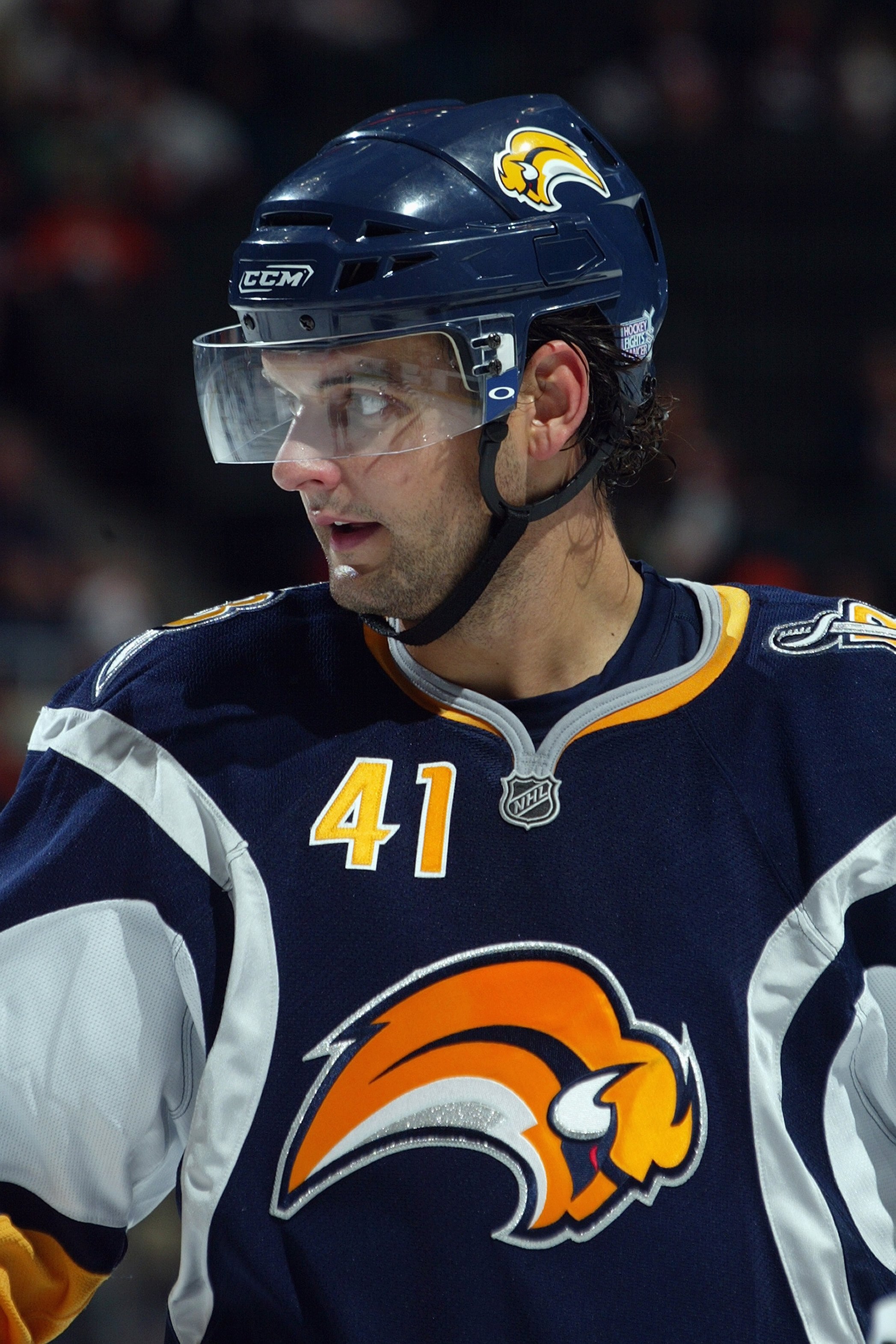 UNIONDALE, NY - OCTOBER 13:  Clarke MacArthur #41 of the Buffalo Sabres looks on during the game against the New York Islanders on October 13, 2008 at Nassau Coliseum in Uniondale, New York.  (Photo by Bruce Bennett/Getty Images)