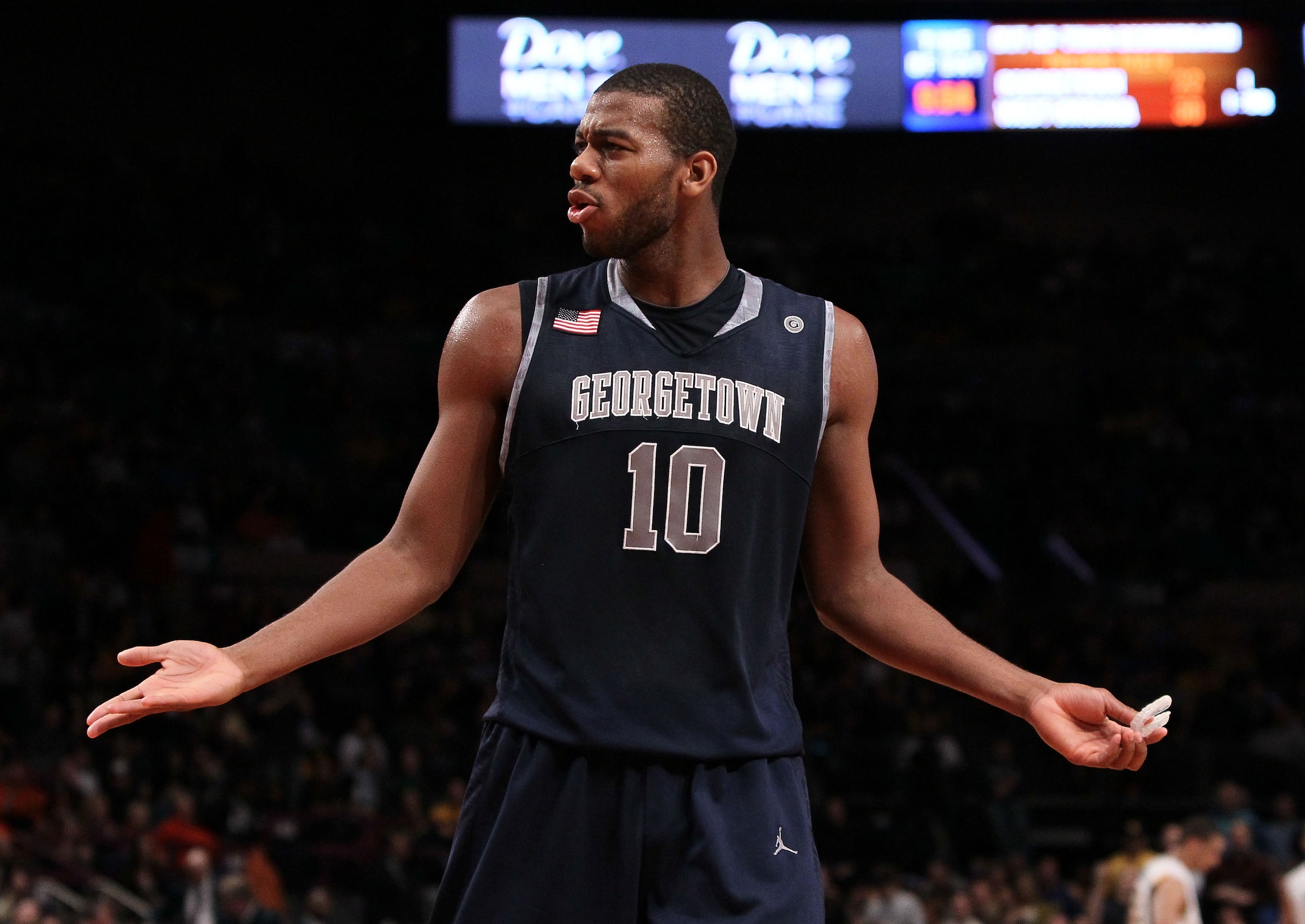 NEW YORK - MARCH 13: Greg Monroe #10 of the Georgetown Hoyas reacts after a play against the West Virginia Mountaineers during the championship of the 2010 NCAA Big East Tournament at Madison Square Garden on March 13, 2010 in New York City.  (Photo by Ji
