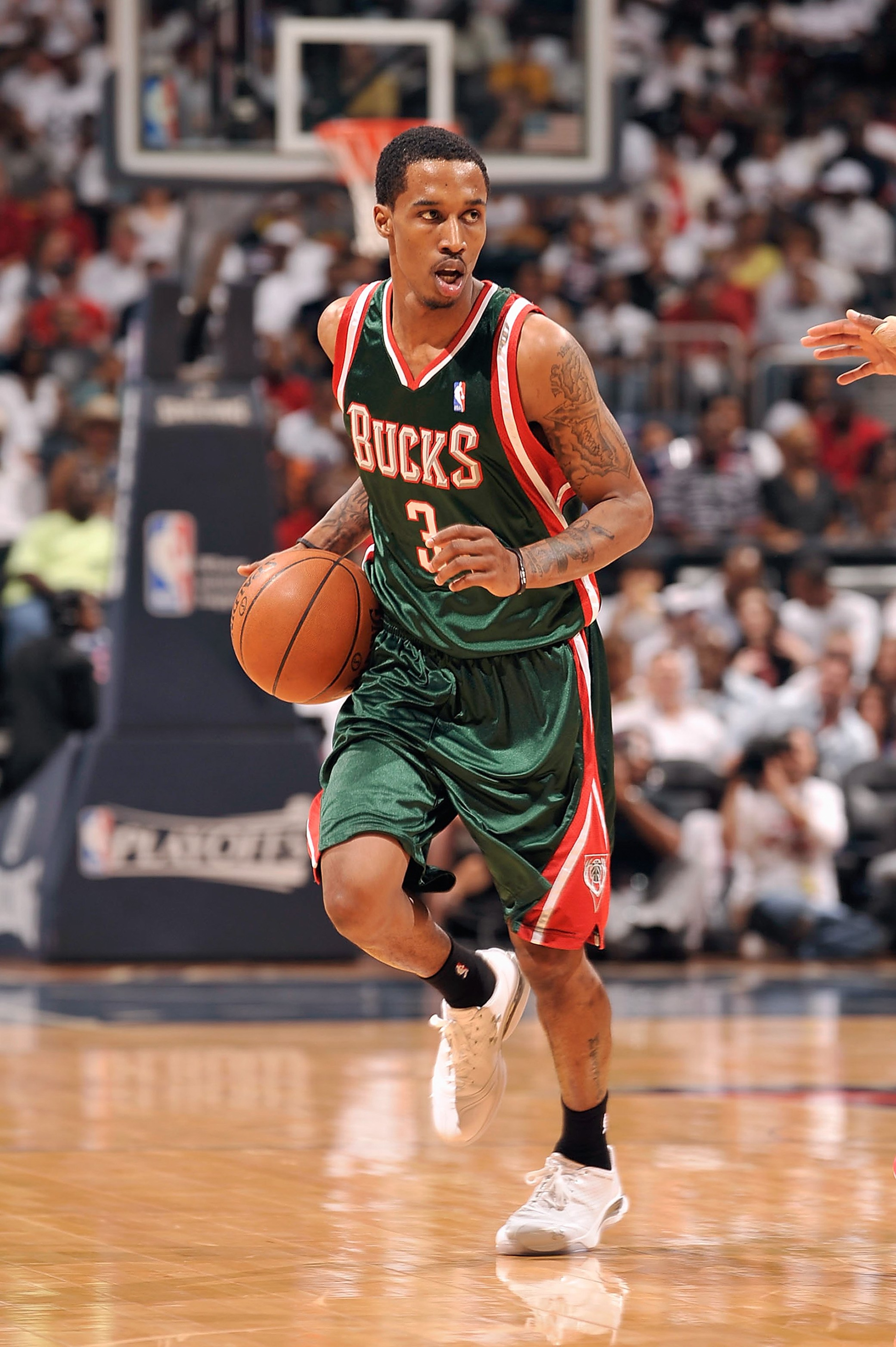 ATLANTA - APRIL 17:  Brandon Jennings #3 of the Milwaukee Bucks dribbles against the Atlanta Hawks in Game One of the Eastern Conference Quarterfinals during the 2010 NBA Playoffs on April 17, 2010 at Philips Arena in Atlanta, Georgia. The Hawks won 102-9
