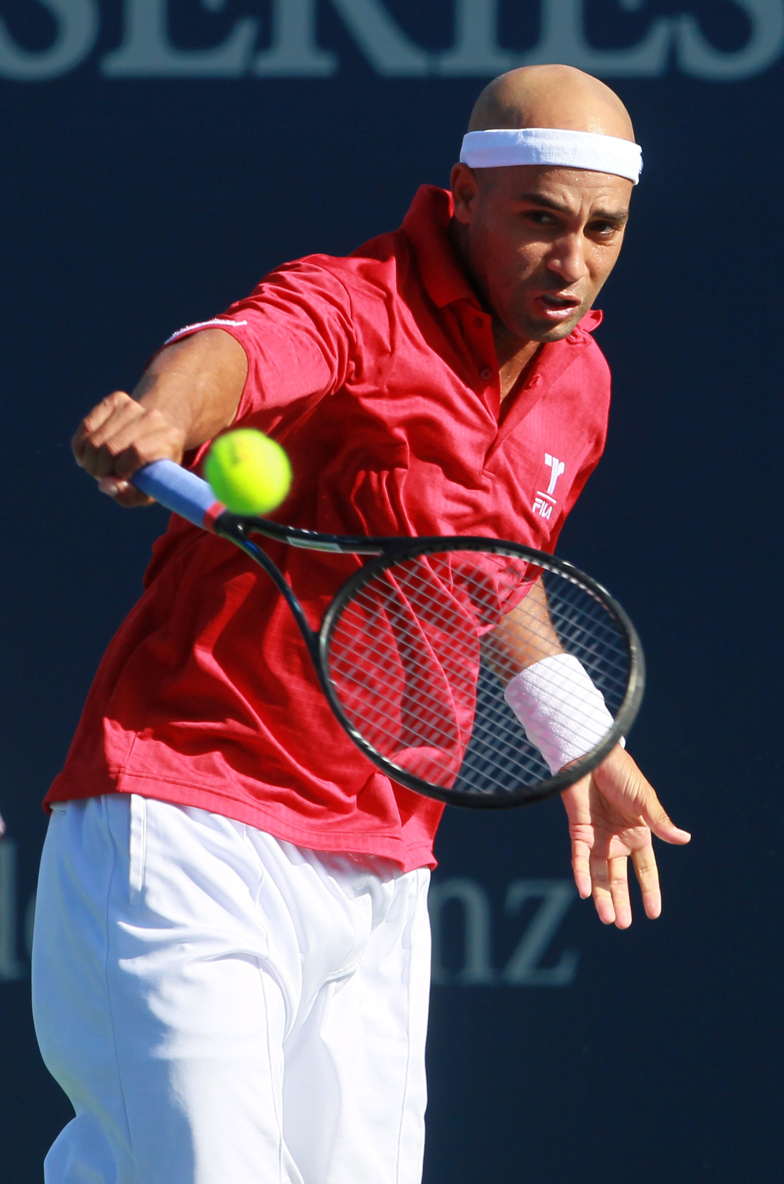 LOS ANGELES, CA - JULY 27:  James Blake returns a backhand to Leonardo Mayer of Argentina during the Farmers Classic at the Los Angeles Tennis Center - UCLA on July 27, 2010 in Los Angeles, California.  (Photo by Jeff Gross/Getty Images)