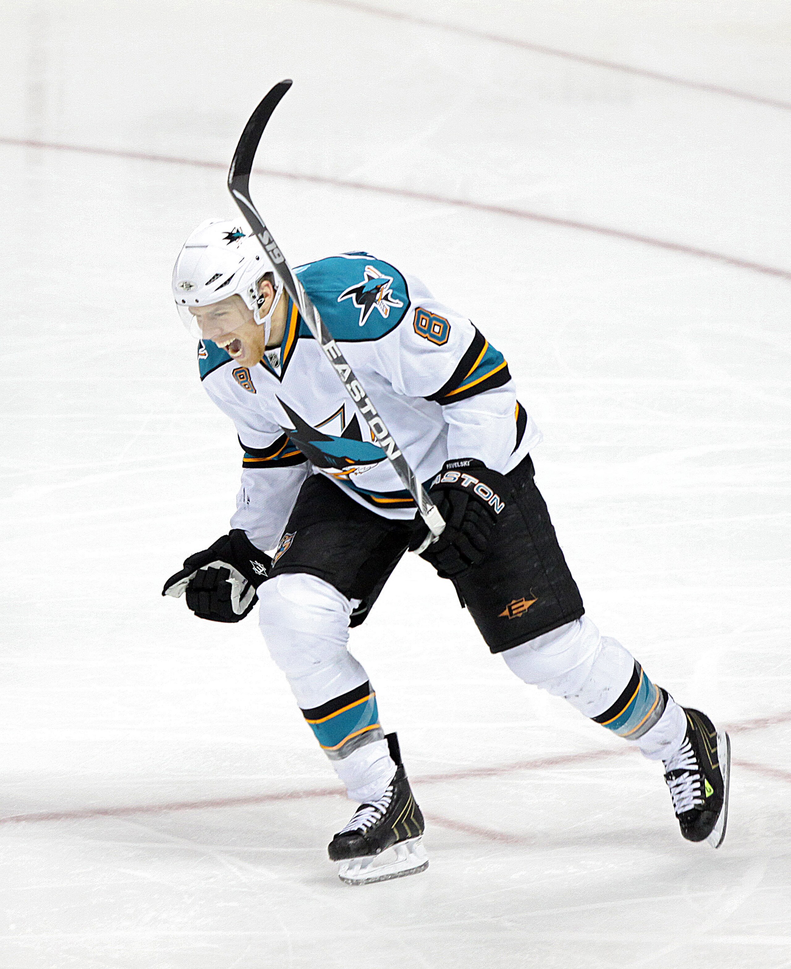 DENVER, CO - APRIL 24 : Joe Pavelski #8 of the San Jose Sharks celebrates a goal by teammate Dan Boyle (not pictured) that tied the game 2-2 at that point in the third period of Game Six of the Western Conference Quarterfinals during the 2010 NHL Stanley 