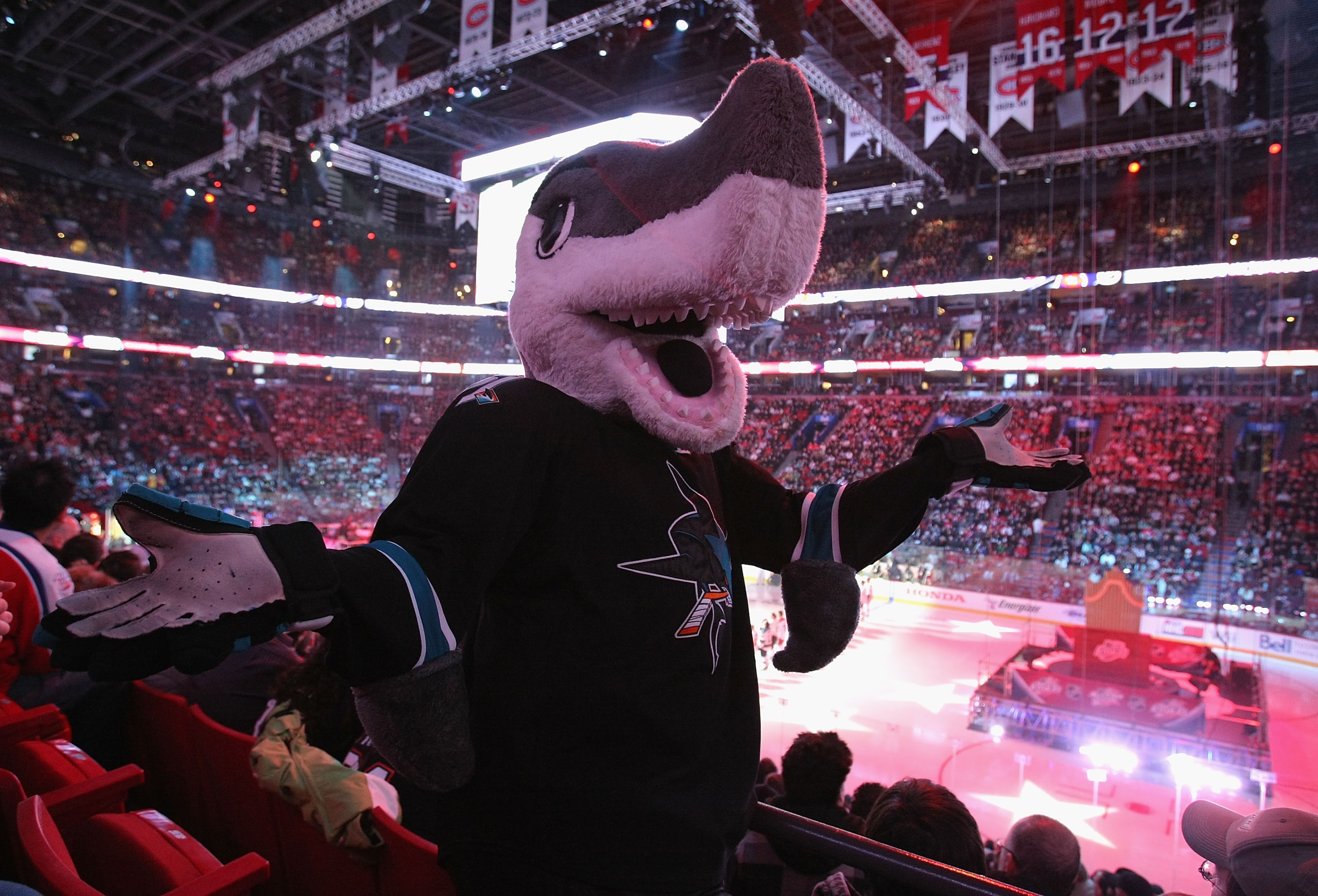MONTREAL - JANUARY 24:  San Jose Sharks mascot, S.J. Sharkie during the Honda NHL Superskills competition as part of the 2009 NHL All-Star weekend on January 24, 2009 at the Bell Centre in Montreal, Canada.  (Photo by Dave Sandford/Getty Images)