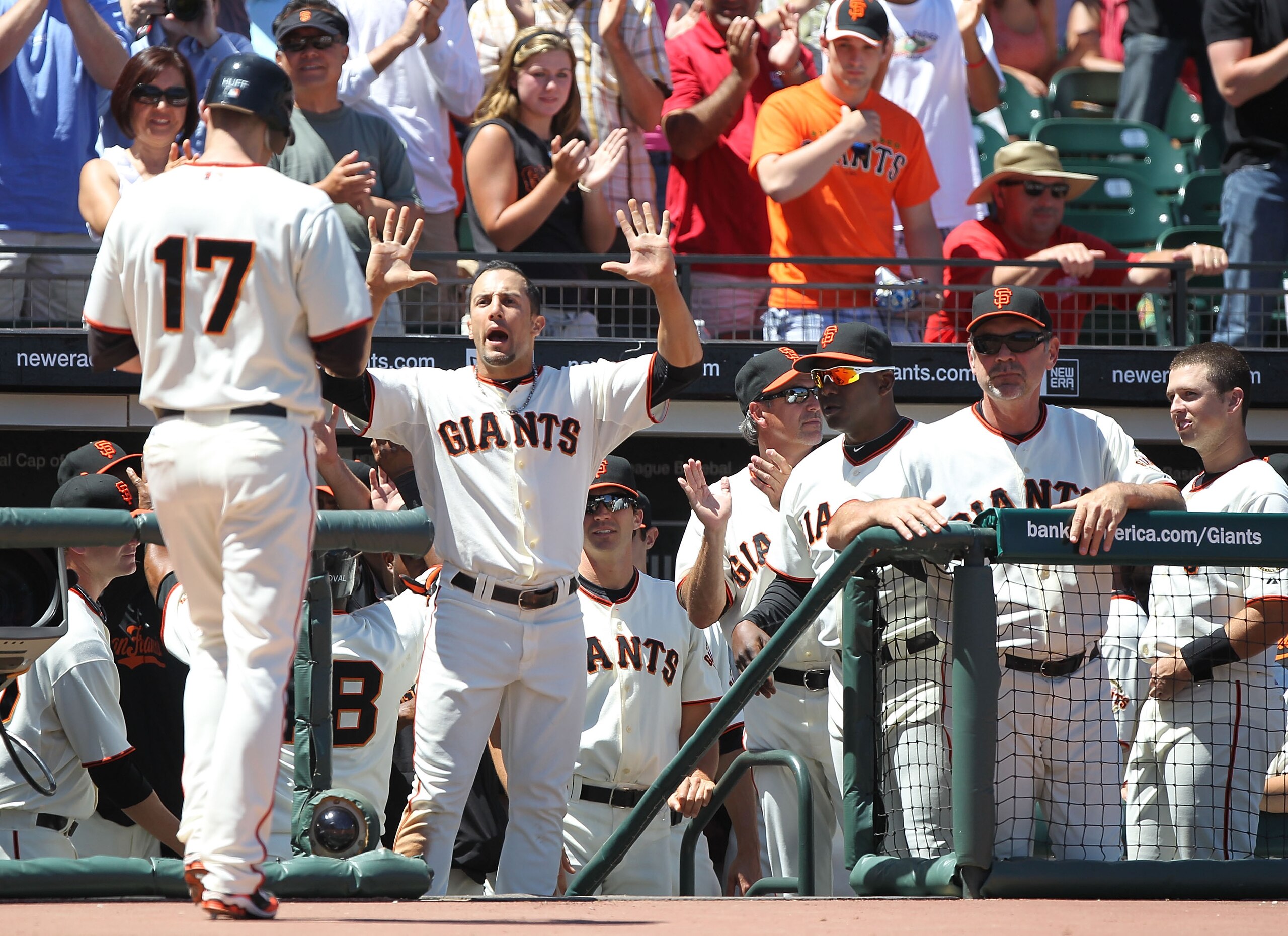 SAN FRANCISCO - JUNE 13: Aubrey Huff #17 of the San Francisco Giants celebrates with Andres Torres #56 after hitting a two run home run in the sixth inning against the Oakland Athletics during an MLB game at AT&T Park on June 13, 2010 in San Francisco, C SAN FRANCISCO - JUNE 13: Aubrey Huff #17 of the San Francisco Giants celebrates with Andres Torres #56 after hitting a two run home run in the sixth inning against the Oakland Athletics during an MLB game at AT&T Park on June 13, 2010 in San Francisco, C