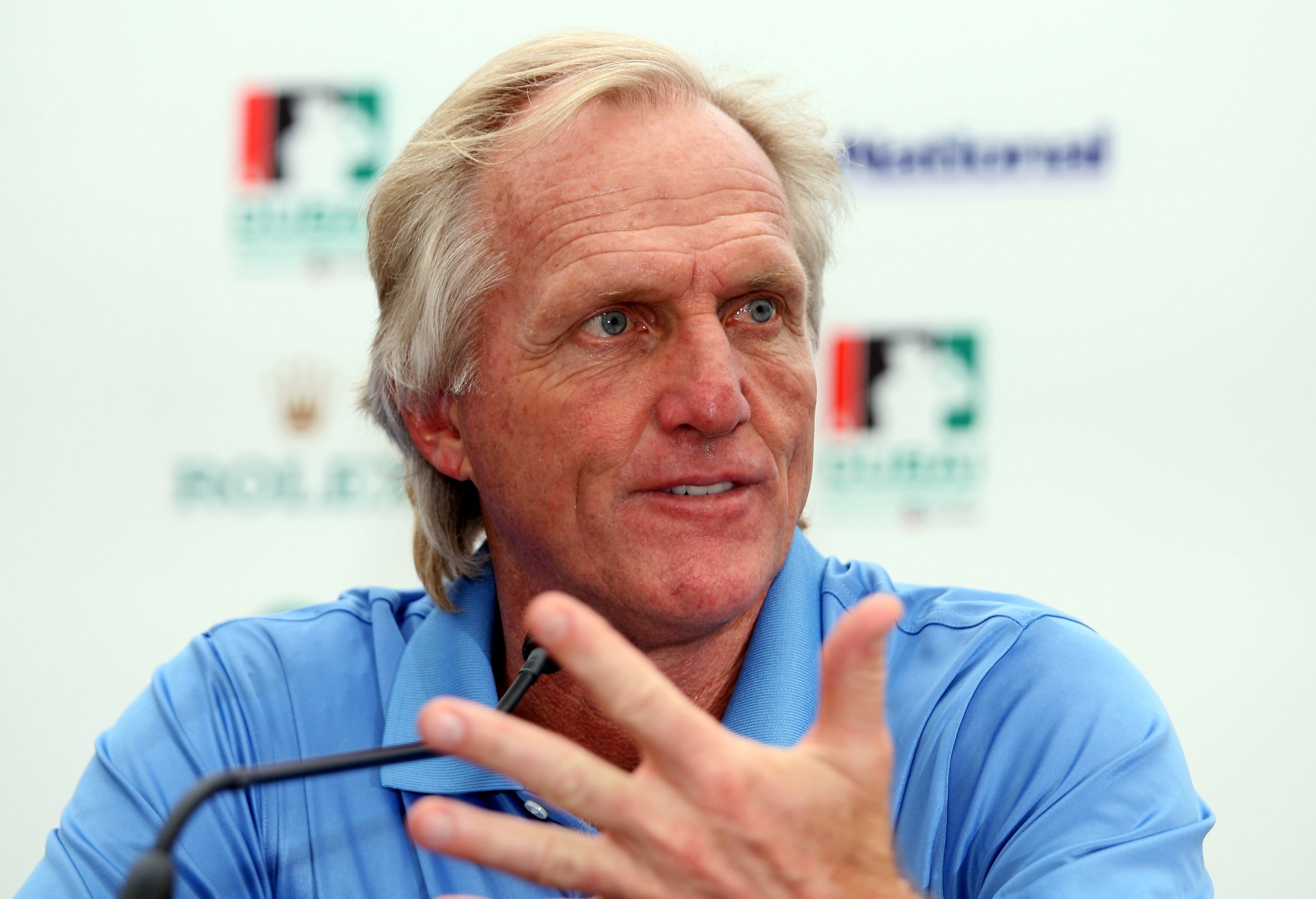 DUBAI, UNITED ARAB EMIRATES - NOVEMBER 18:  Greg Norman of Australia during his press conference prior to the Dubai World Championships on the Earth Course, Jumeriah Golf Estates on November 18, 2009 in Dubai, United Arab Emirates.  (Photo by Ross Kinnair