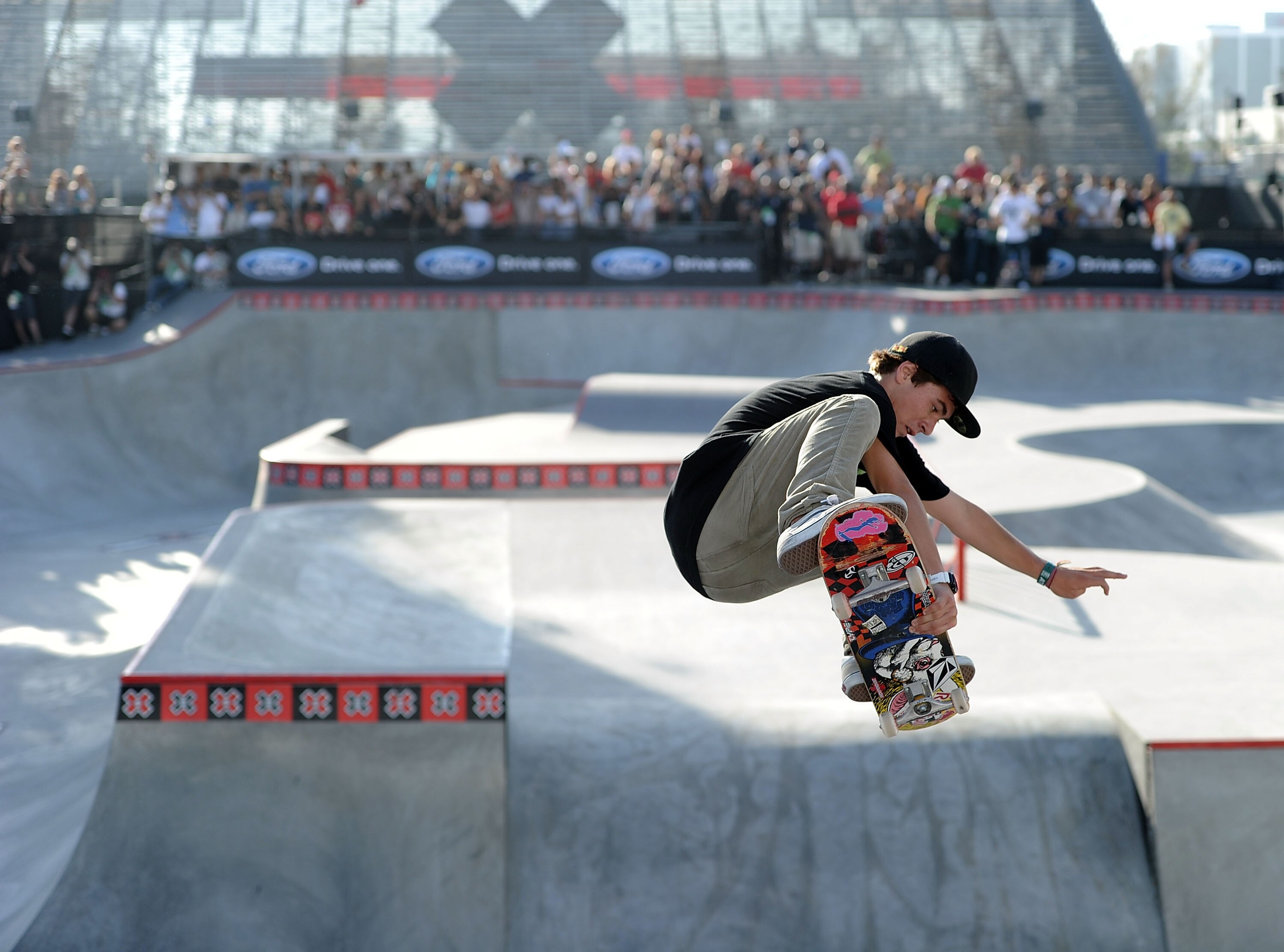 LOS ANGELES, CA - AUGUST 01:  Pedro Barros of Brazil competes to a gold medal in the Skateboard Park Final during X Games 16 at the Event Deck LA Live on August 1, 2010 in Los Angeles, California.  (Photo by Harry How/Getty Images)