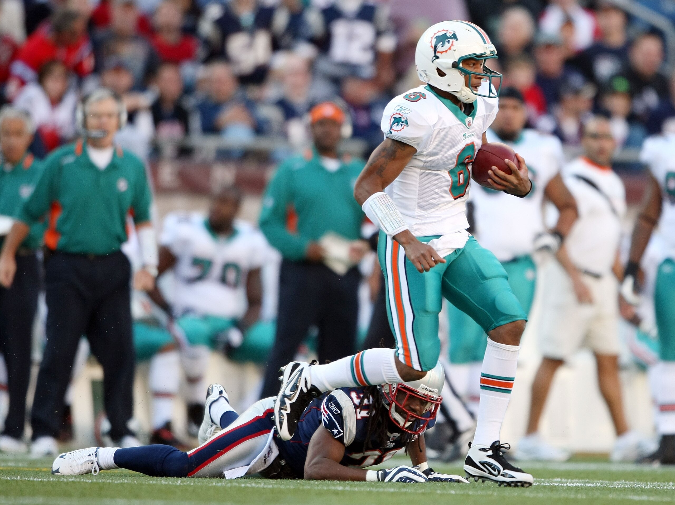 FOXBORO, MA - NOVEMBER 08:  Pat White #6 of the Miami Dolphins avoids Brandon Meriweather #31 of the New England Patriots on November 8, 2009 at Gillette Stadium in Foxboro, Massachusetts.  (Photo by Elsa/Getty Images)
