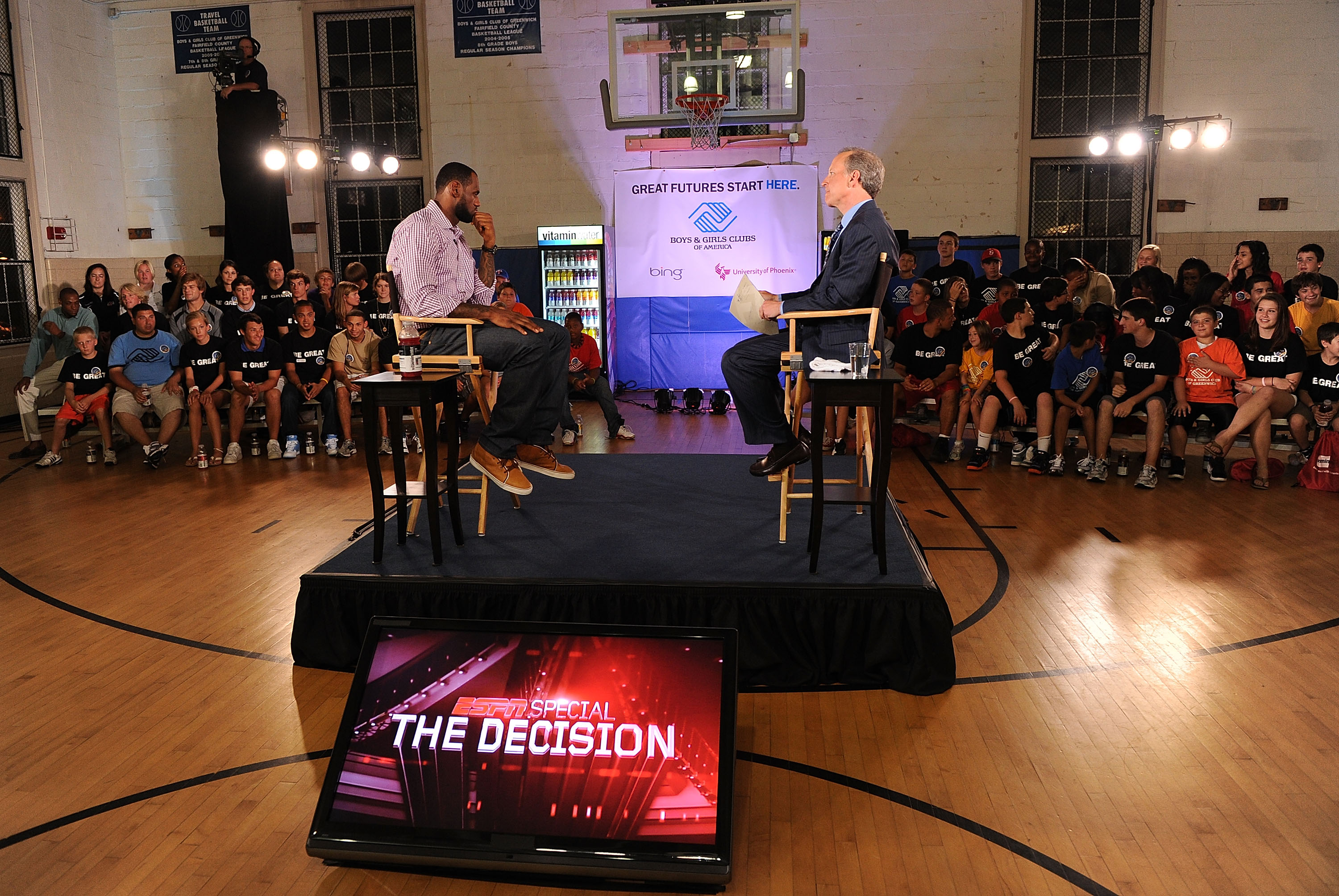 GREENWICH, CT - JULY 08:  LeBron James and ESPN's Jim Gray speak at the LeBron James announcement of his future NBA plans at the  Boys & Girls Club of America on July 8, 2010 in Greenwich, Connecticut.  (Photo by Larry Busacca/Getty Images for Estabrook G