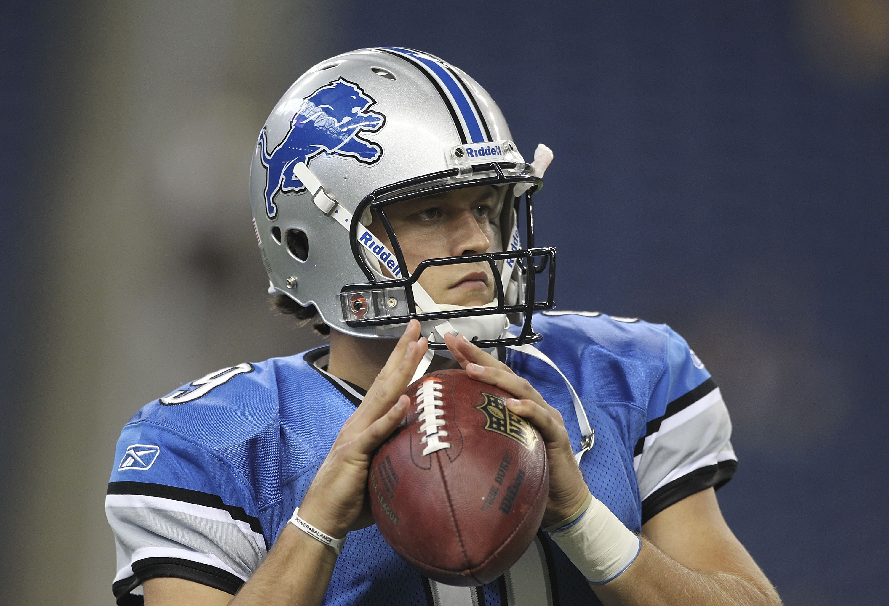 DETROIT - AUGUST 28: Matthew Stafford #9 of the Detroit Lions warms up prior to the start of the preseason game against the Cleveland Browns at Ford Field on August 28, 2010 in Detroit, Michigan. (Photo by Leon Halip/Getty Images)