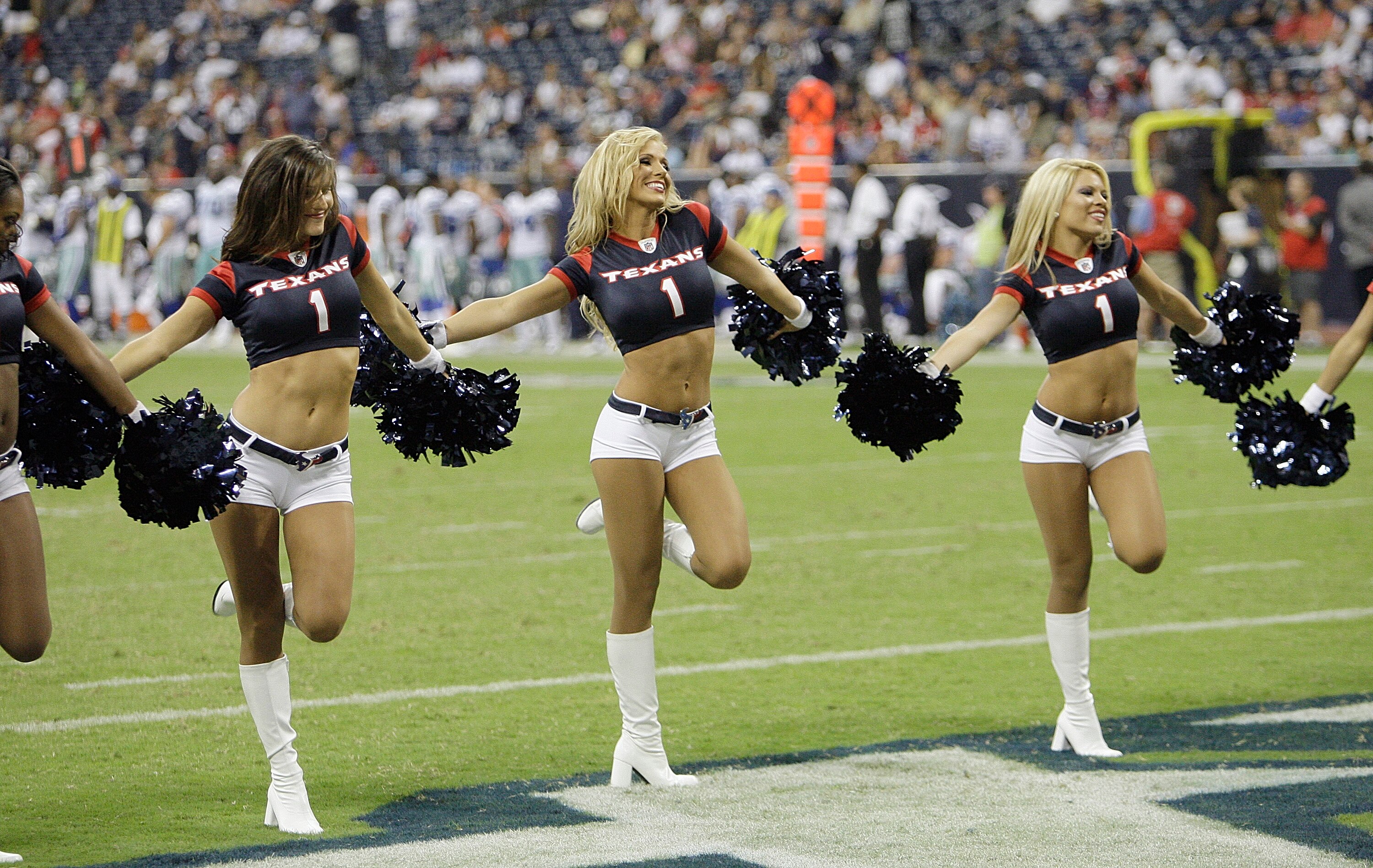 HOUSTON - AUGUST 28: Houston Texans cheerleaders perform in the fourth quarter during a football game between the Dallas Cowboys and Houston Texans at Reliant Stadium on August 28, 2010 in Houston, Texas. (Photo by Bob Levey/Getty Images)